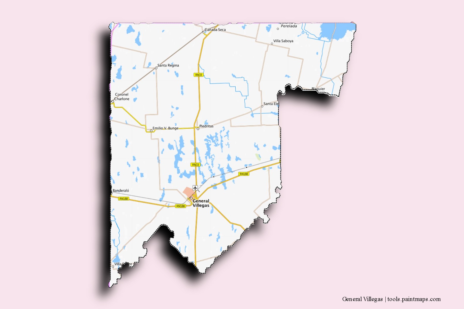 Mapa de barrios y pueblos de General Villegas con efecto de sombra 3D
