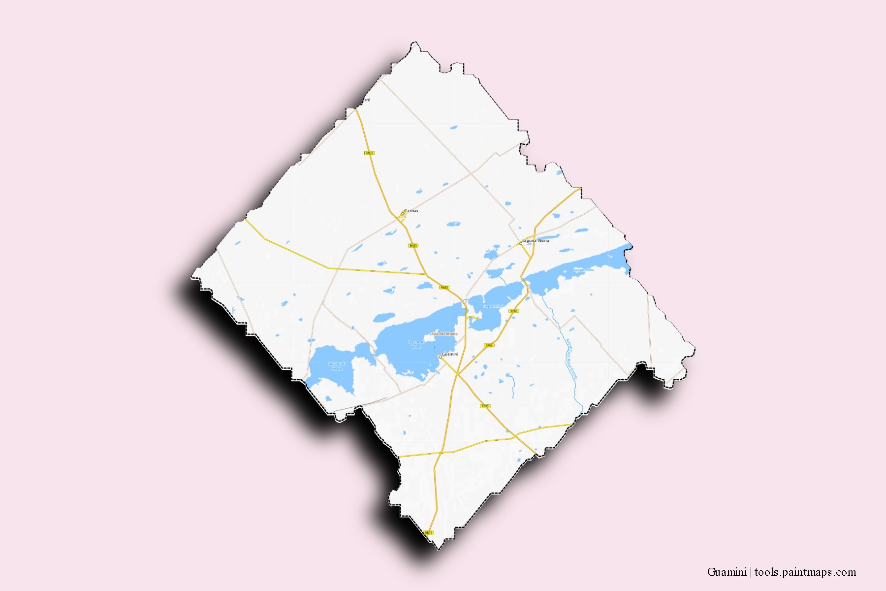 Mapa de barrios y pueblos de Guamini con efecto de sombra 3D