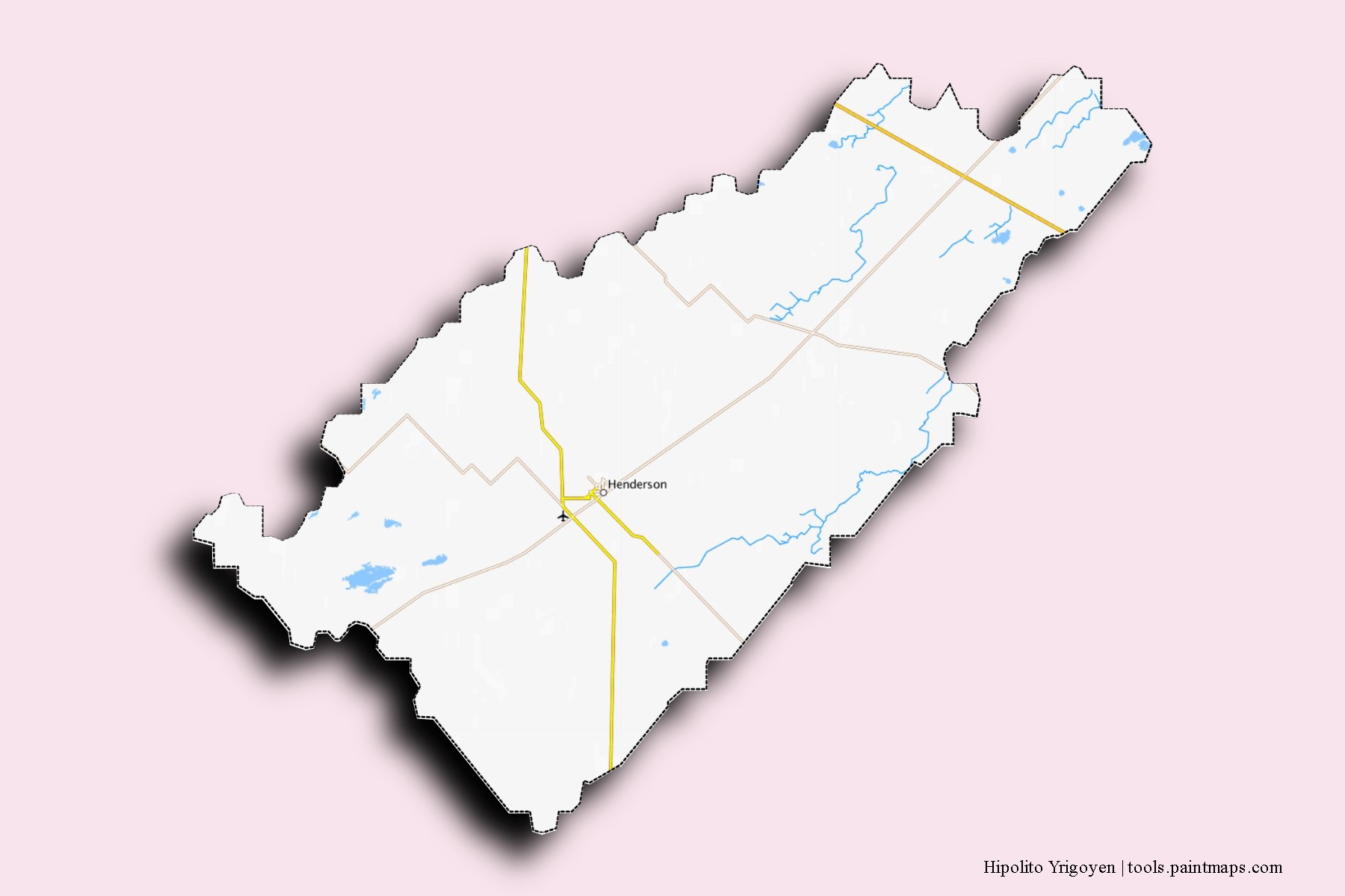 Mapa de barrios y pueblos de Hipolito Yrigoyen con efecto de sombra 3D