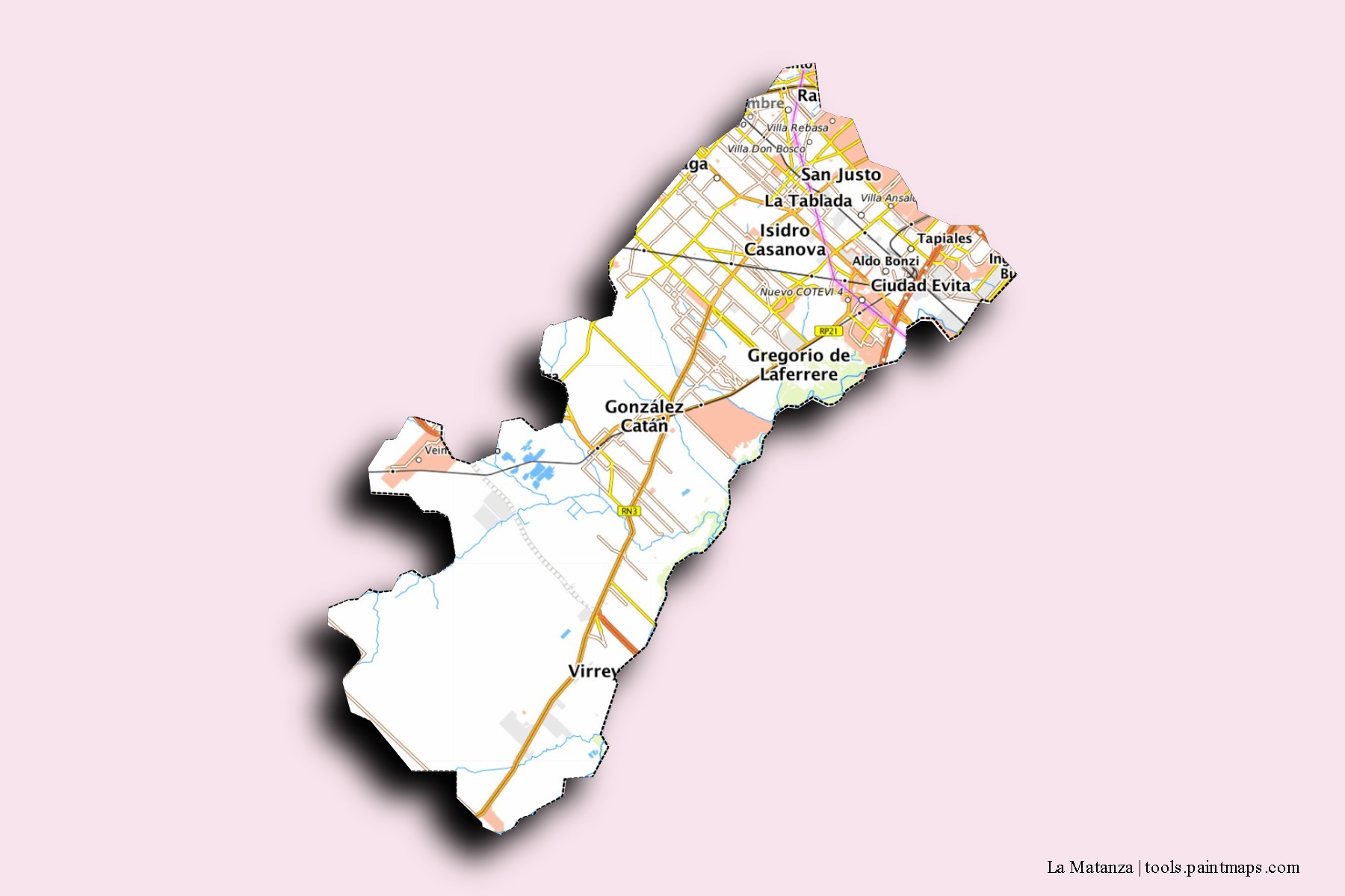 La Matanza neighborhoods and villages map with 3D shadow effect