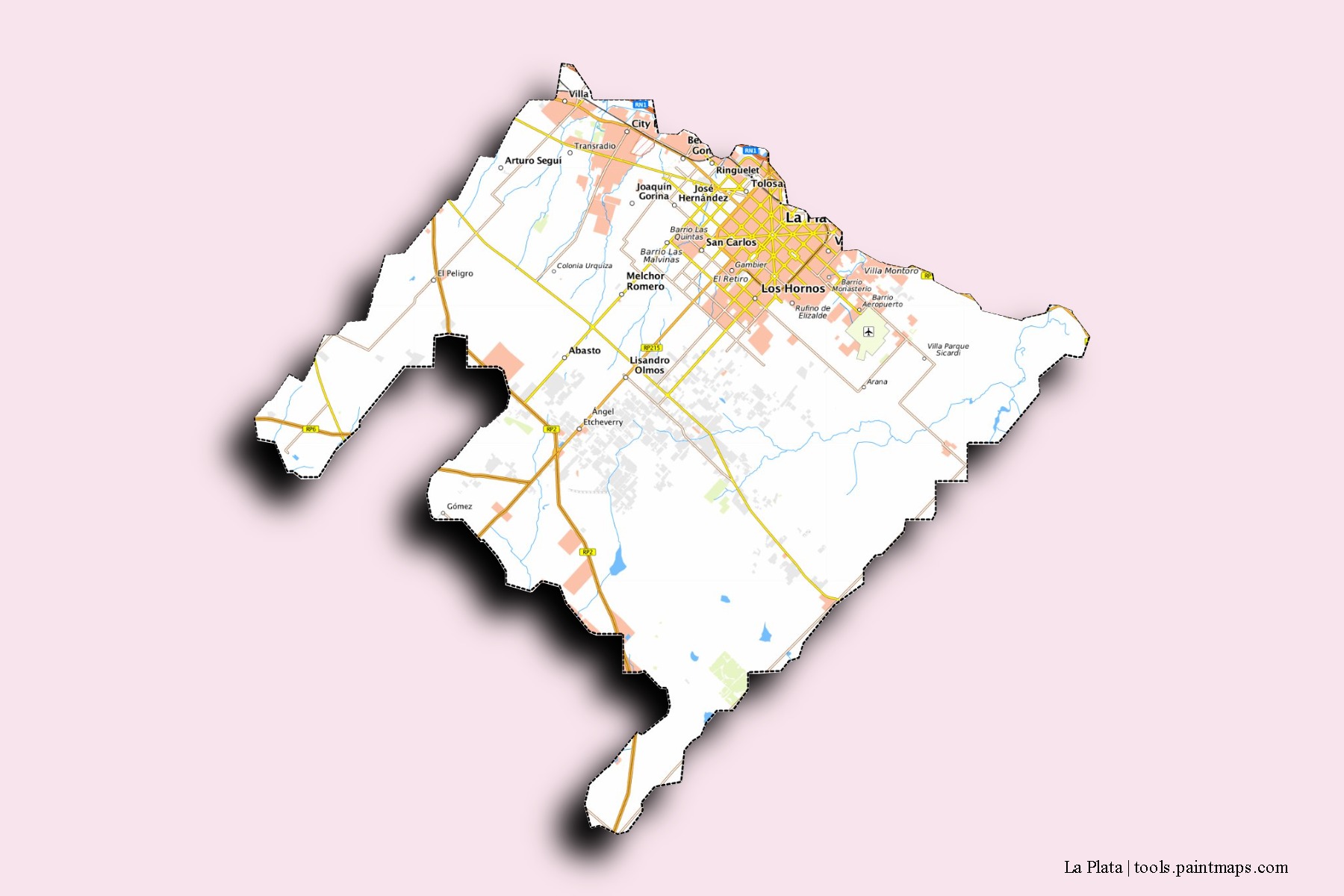 La Plata neighborhoods and villages map with 3D shadow effect