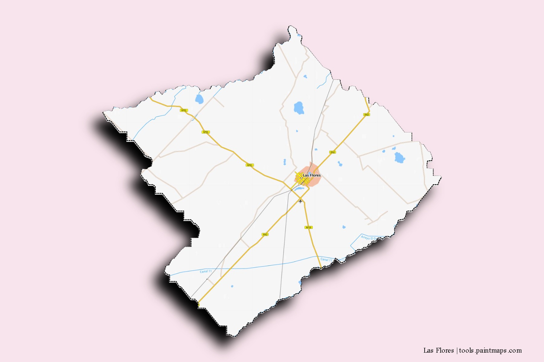 Mapa de barrios y pueblos de Las Flores con efecto de sombra 3D