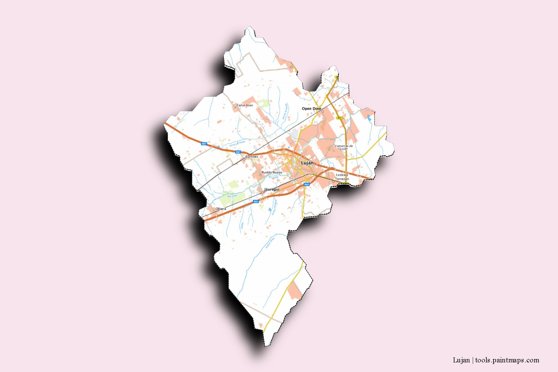 Mapa de barrios y pueblos de Lujan con efecto de sombra 3D