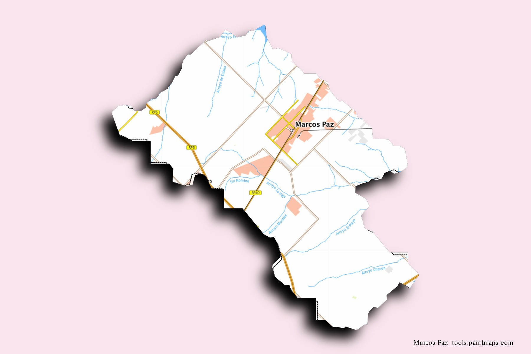 Marcos Paz neighborhoods and villages map with 3D shadow effect