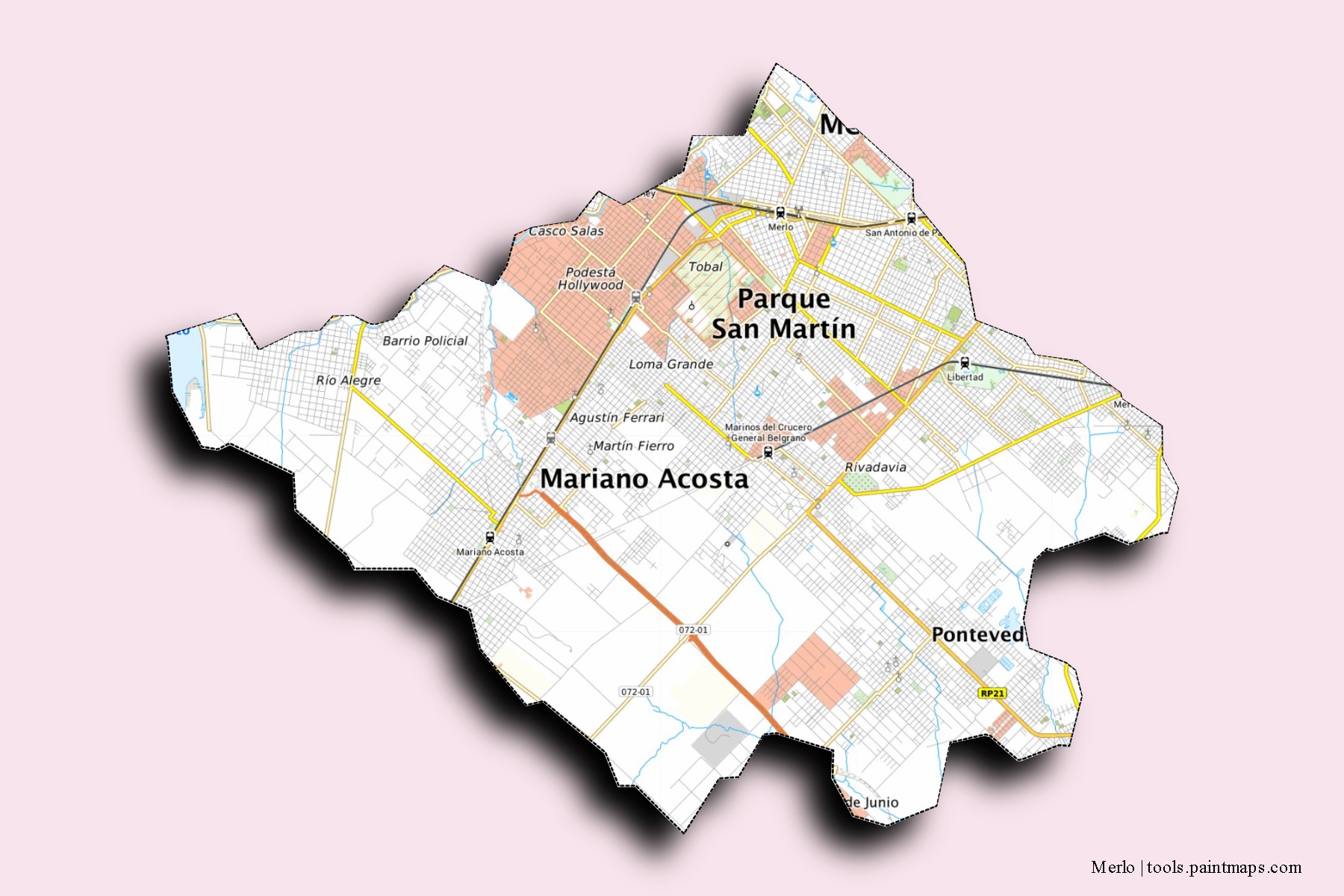 Merlo neighborhoods and villages map with 3D shadow effect