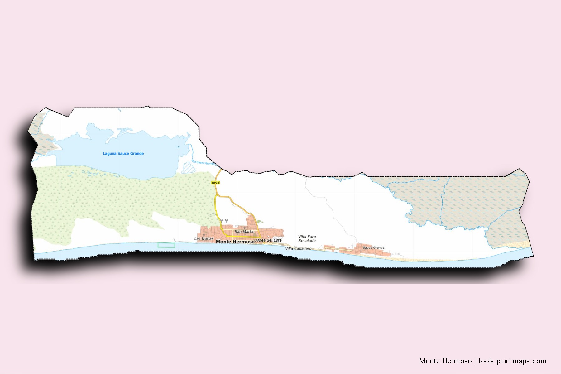 Mapa de barrios y pueblos de Monte Hermoso con efecto de sombra 3D