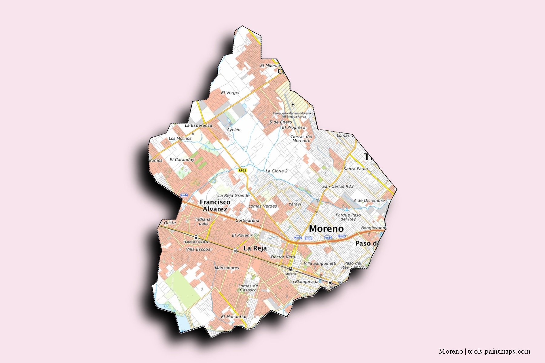 Mapa de barrios y pueblos de Moreno con efecto de sombra 3D