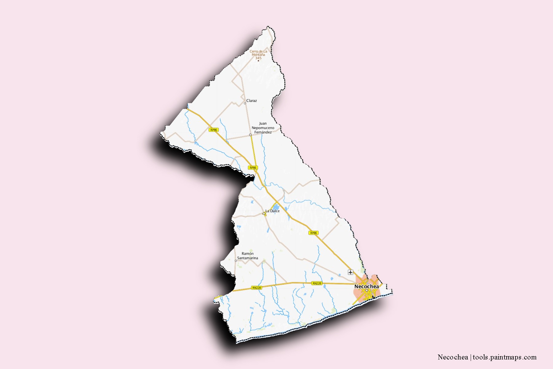 Mapa de barrios y pueblos de Necochea con efecto de sombra 3D