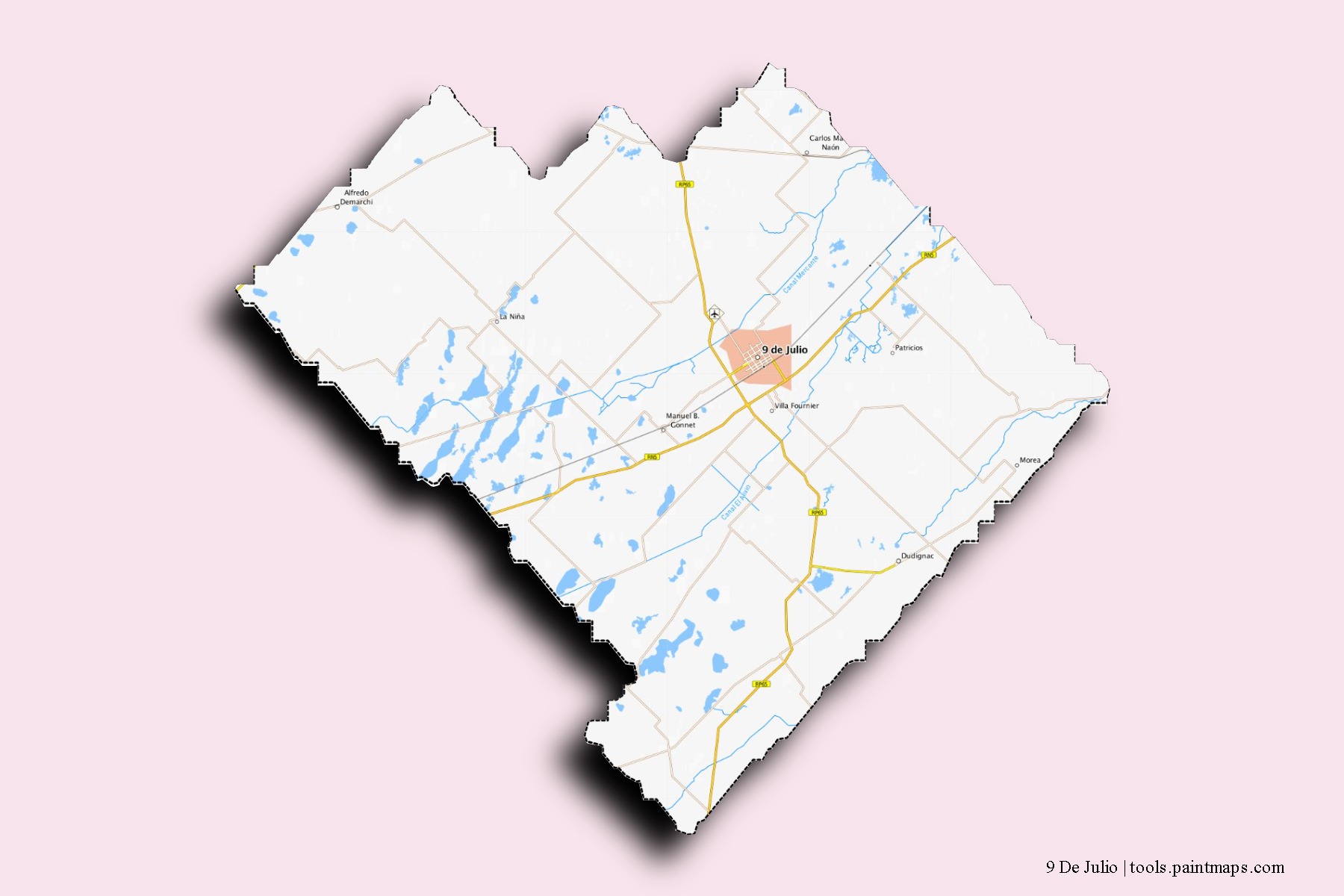 Mapa de barrios y pueblos de 9 De Julio con efecto de sombra 3D