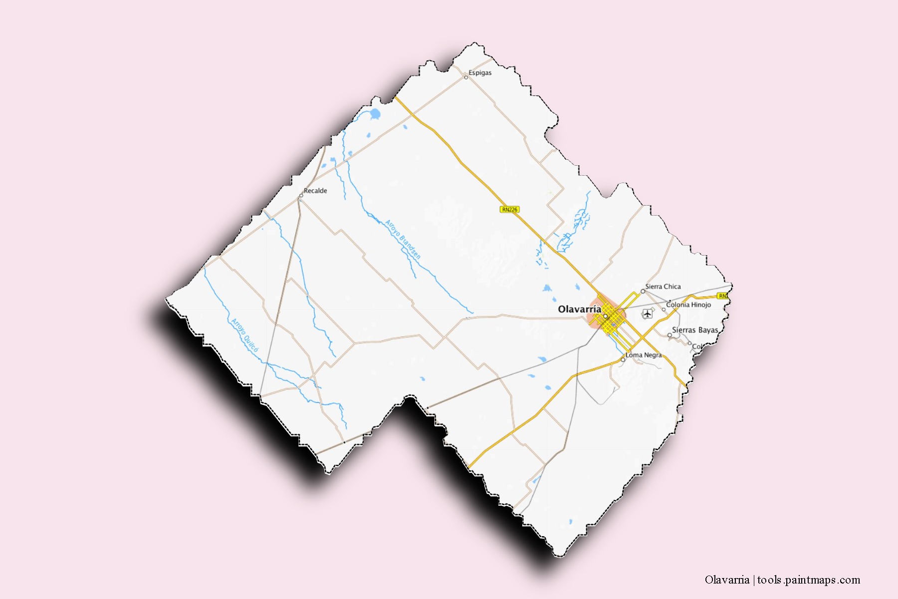 Olavarría neighborhoods and villages map with 3D shadow effect