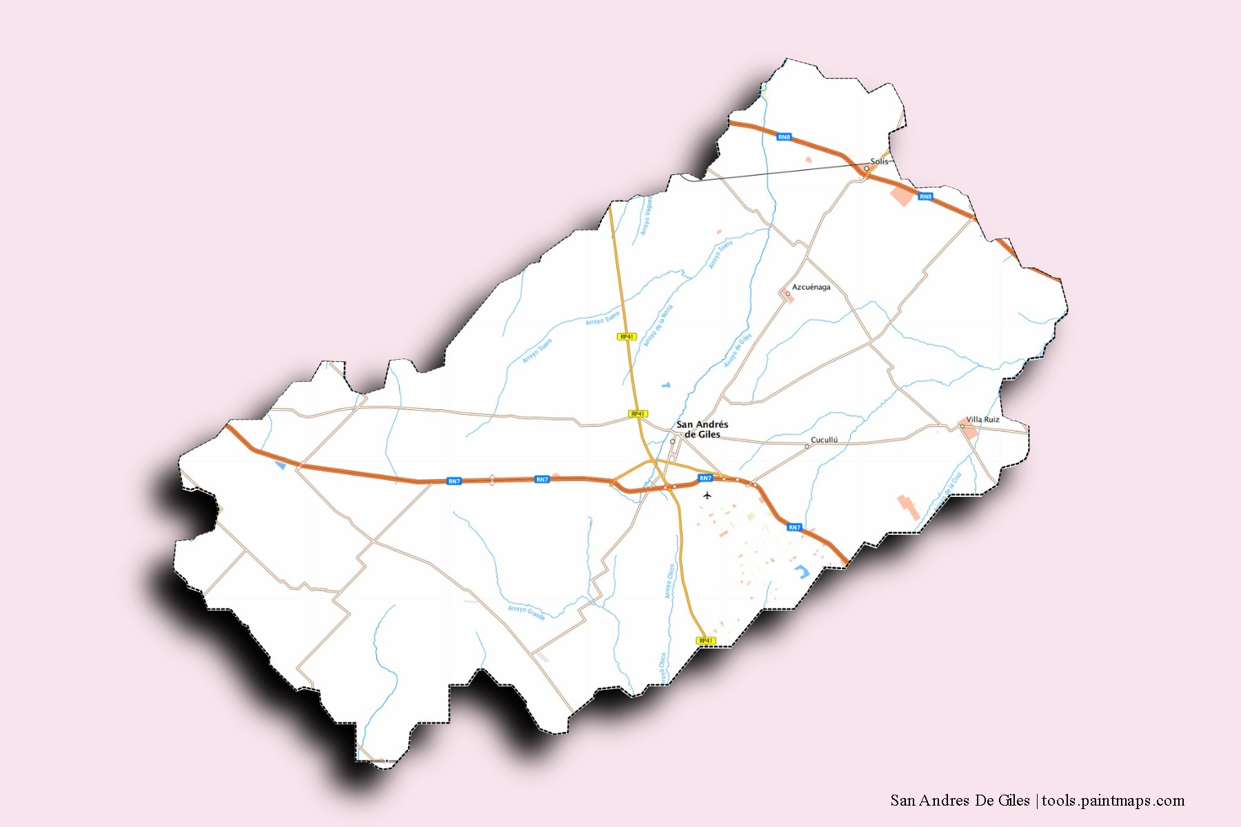 San Andrés de Giles neighborhoods and villages map with 3D shadow effect