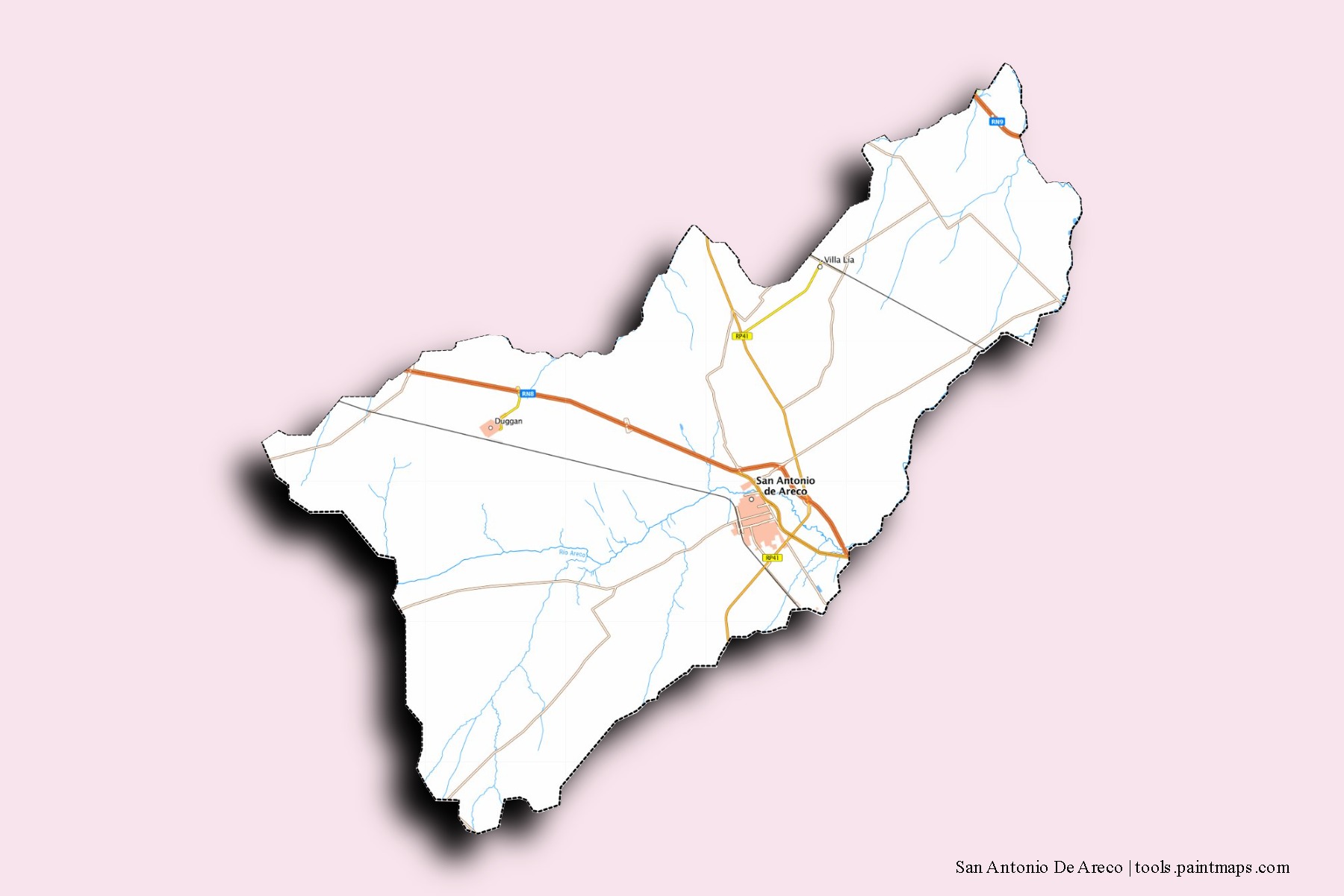 San Antonio de Areco neighborhoods and villages map with 3D shadow effect