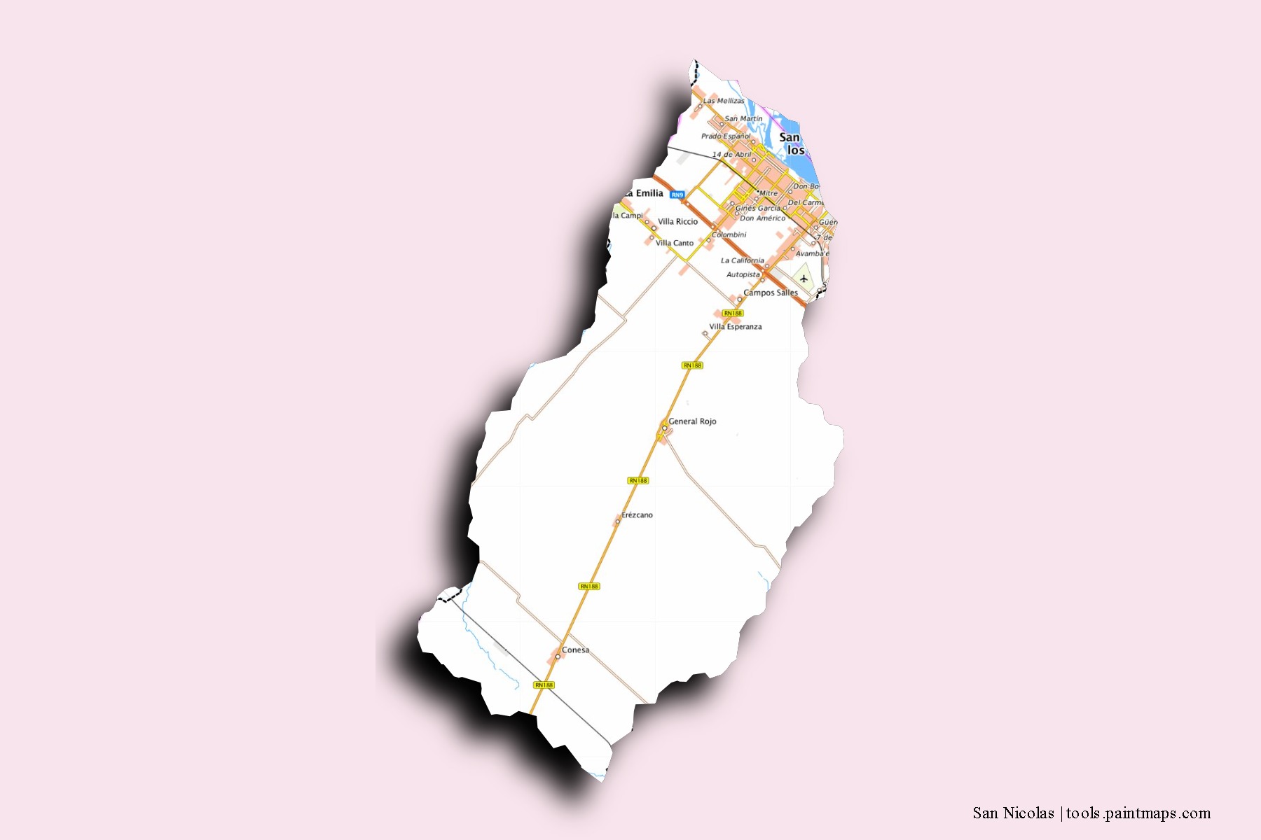 San Nicolás neighborhoods and villages map with 3D shadow effect