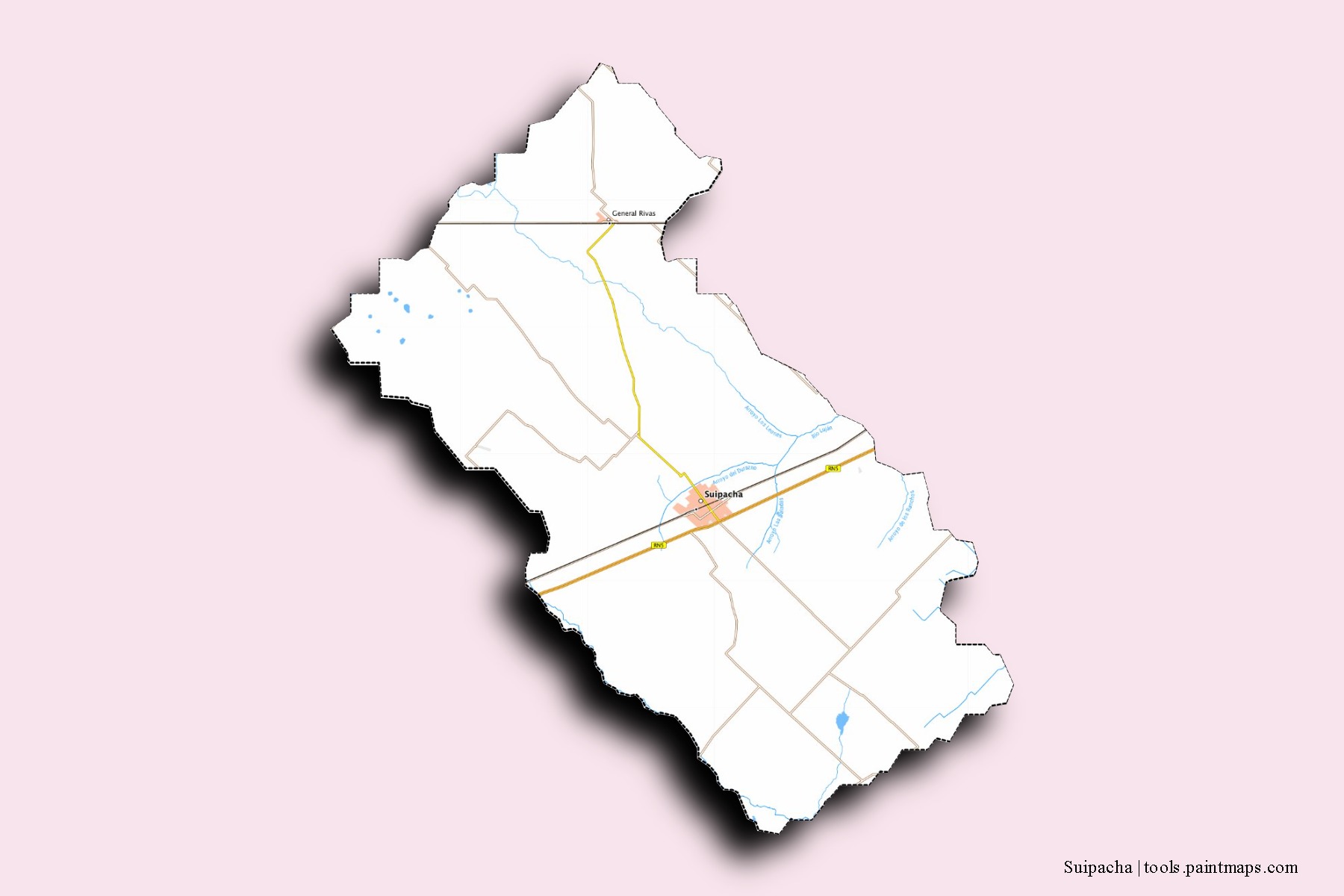 Mapa de barrios y pueblos de Suipacha con efecto de sombra 3D