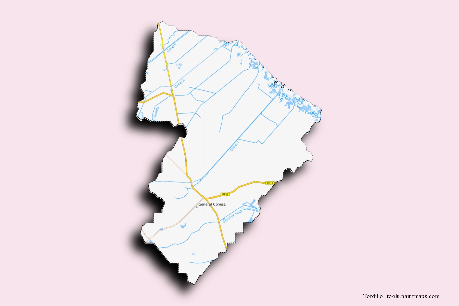 Tordillo neighborhoods and villages map with 3D shadow effect