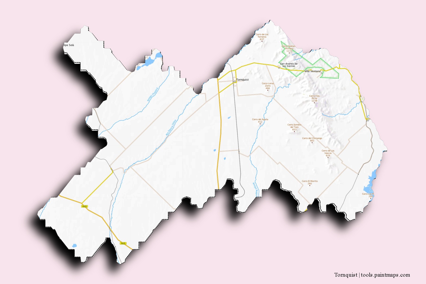 Tornquist neighborhoods and villages map with 3D shadow effect