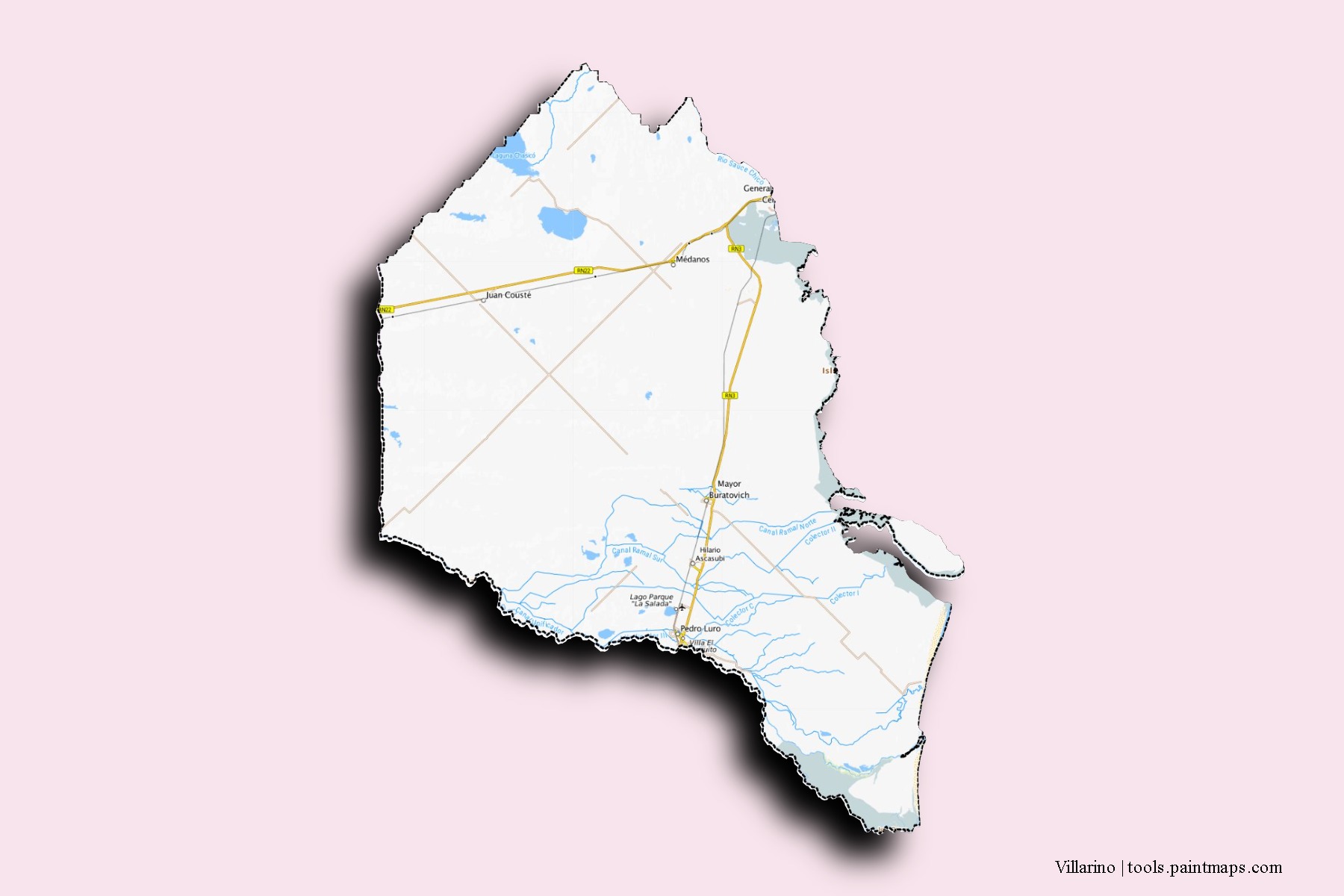 Mapa de barrios y pueblos de Villarino con efecto de sombra 3D