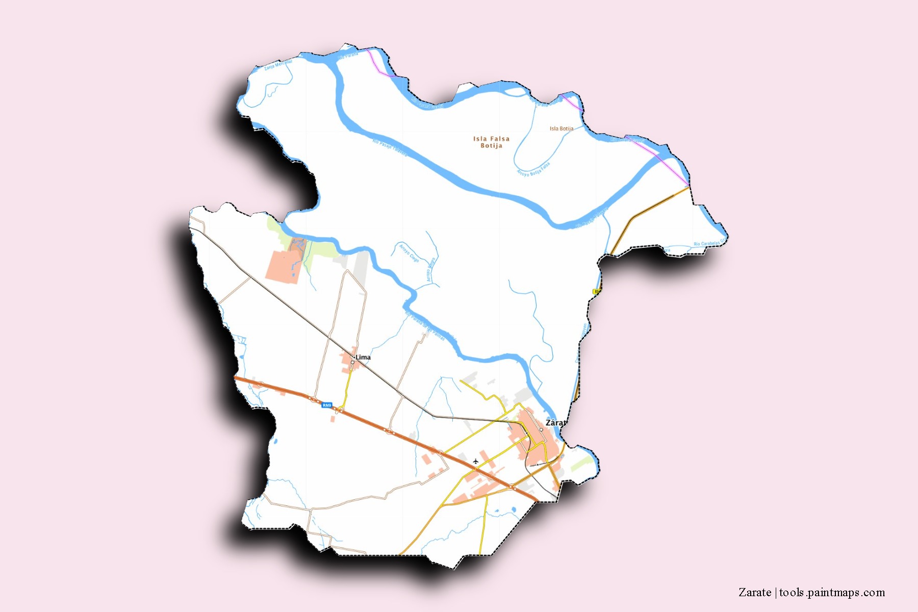 Zárate neighborhoods and villages map with 3D shadow effect