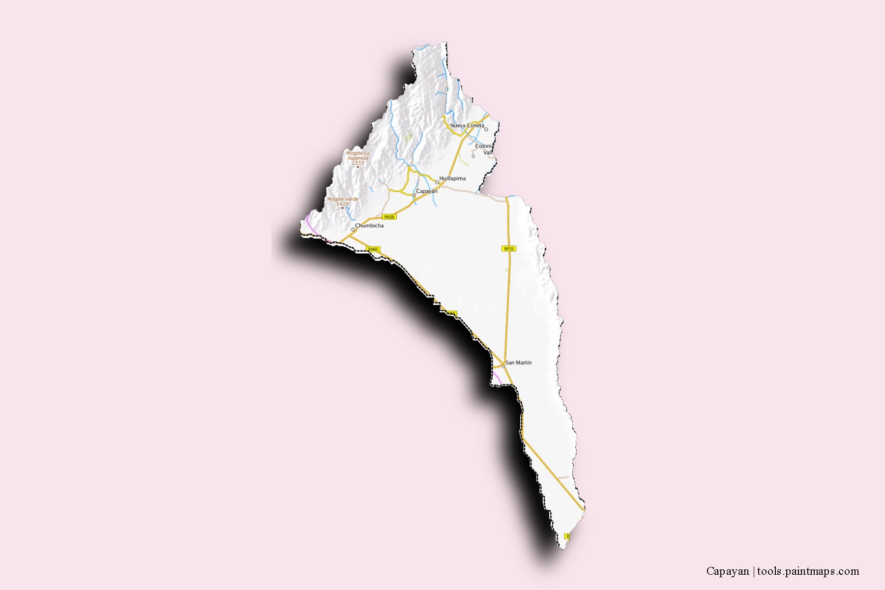 Capayán neighborhoods and villages map with 3D shadow effect