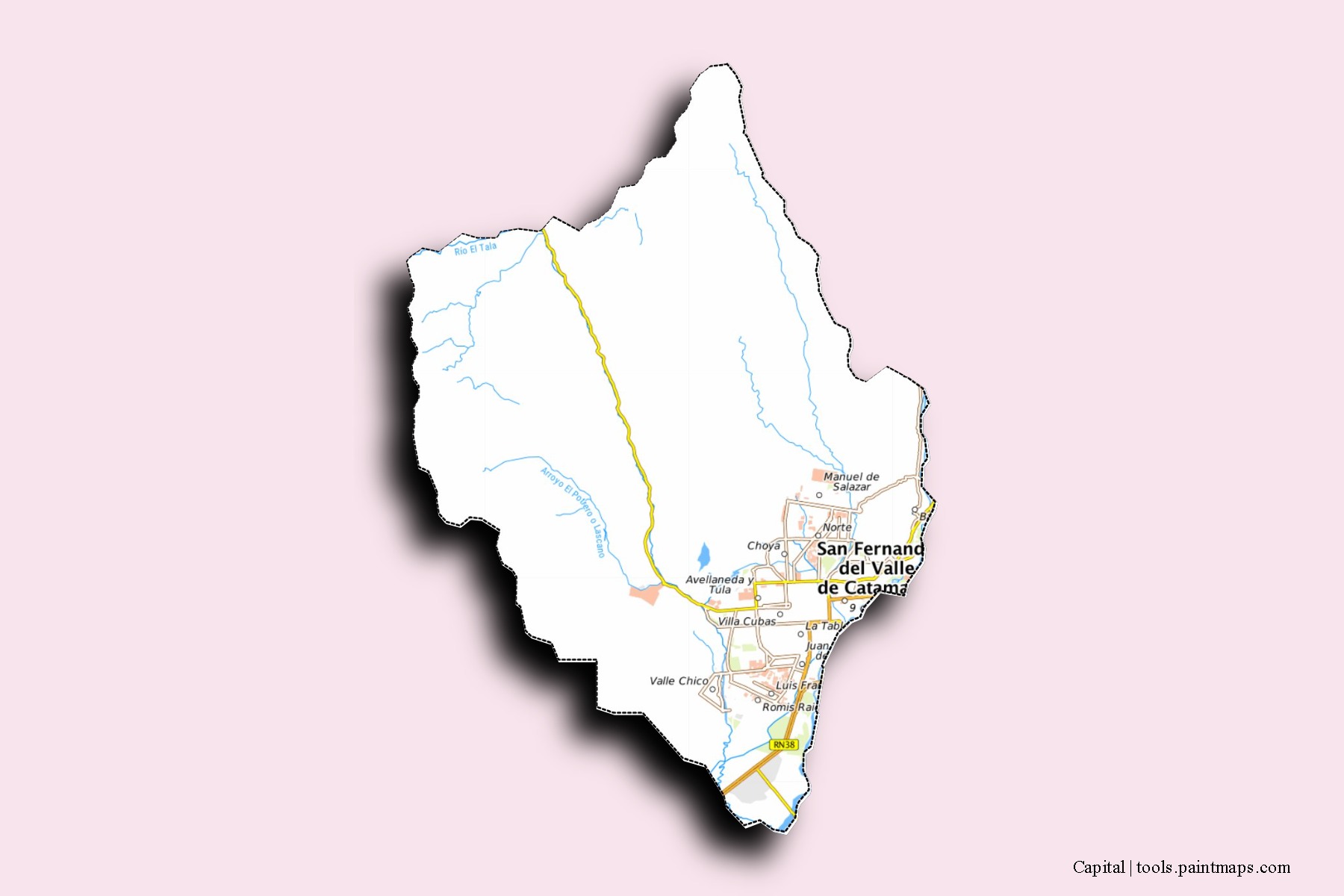 Mapa de barrios y pueblos de Capital con efecto de sombra 3D