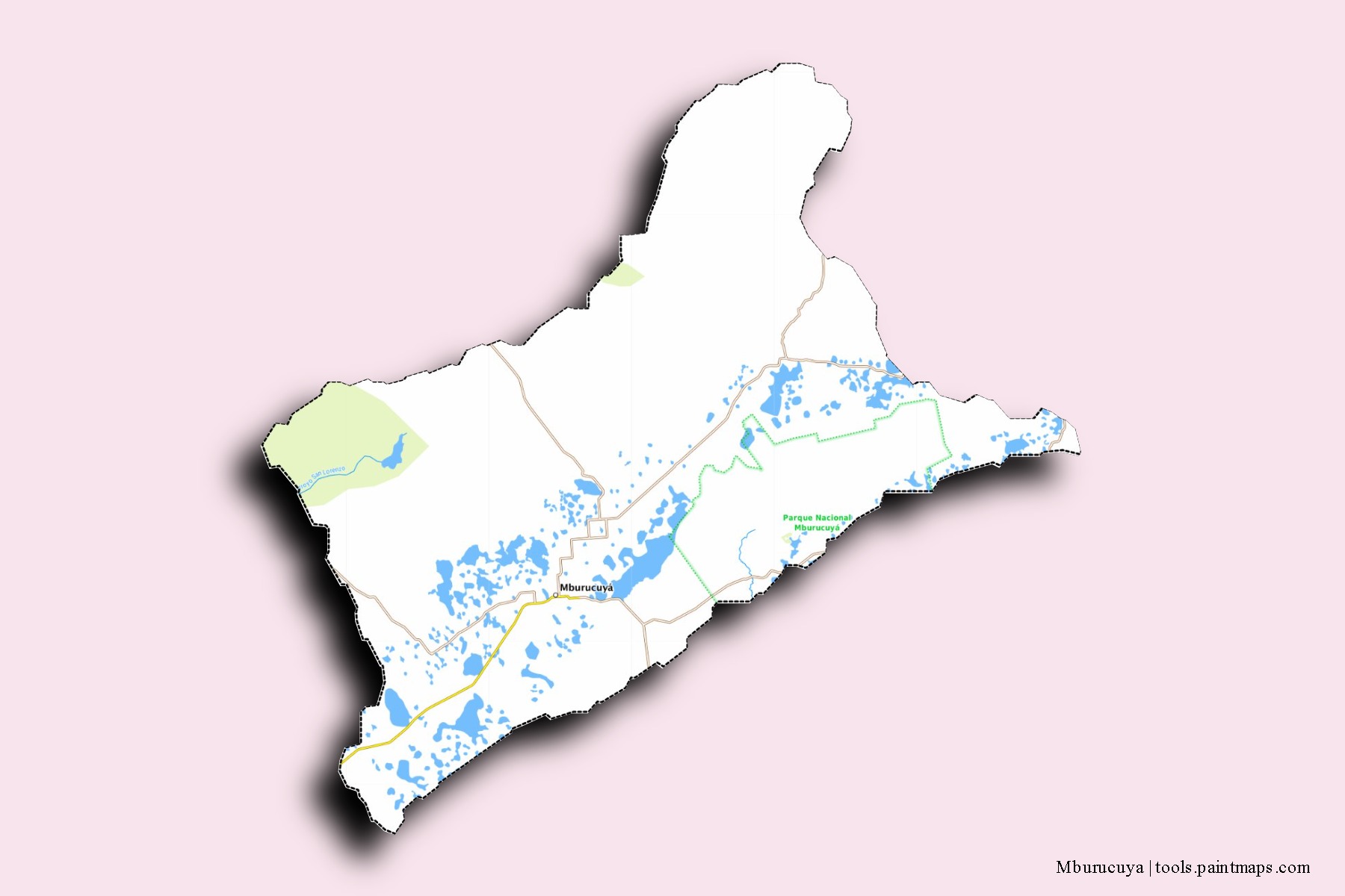 Mburucuyá neighborhoods and villages map with 3D shadow effect