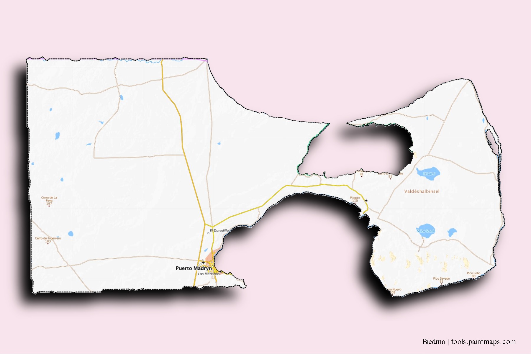 Biedma neighborhoods and villages map with 3D shadow effect