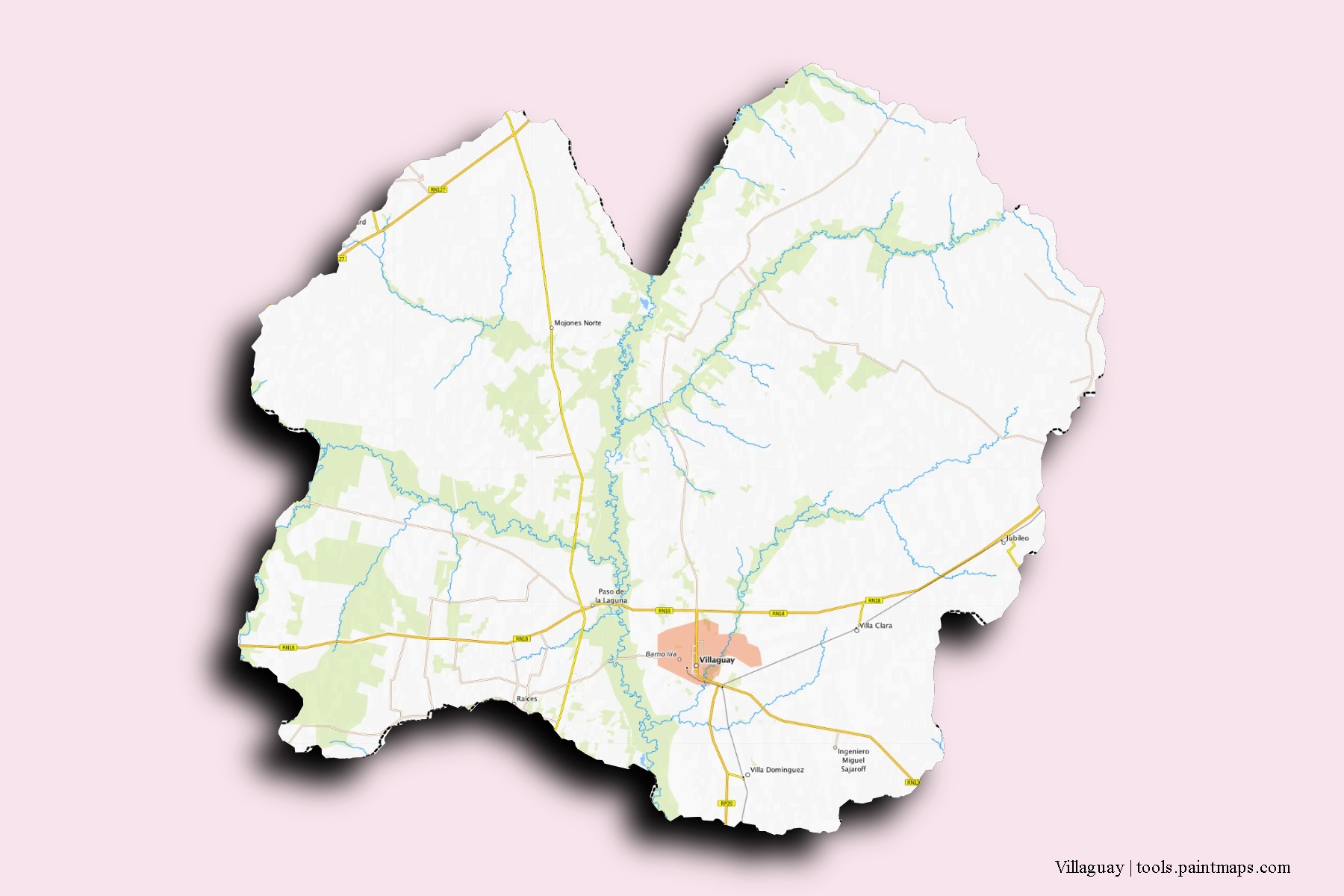 Villaguay neighborhoods and villages map with 3D shadow effect