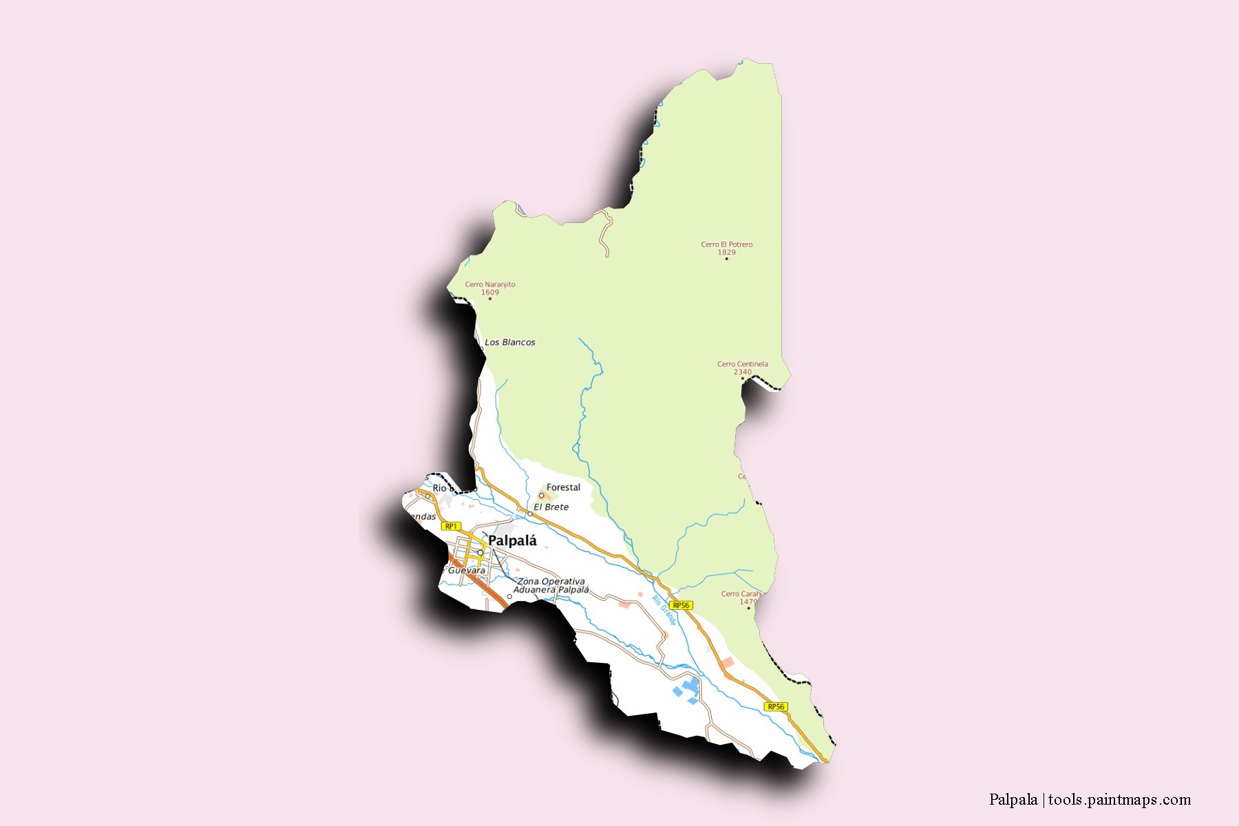 Mapa de barrios y pueblos de Palpala con efecto de sombra 3D