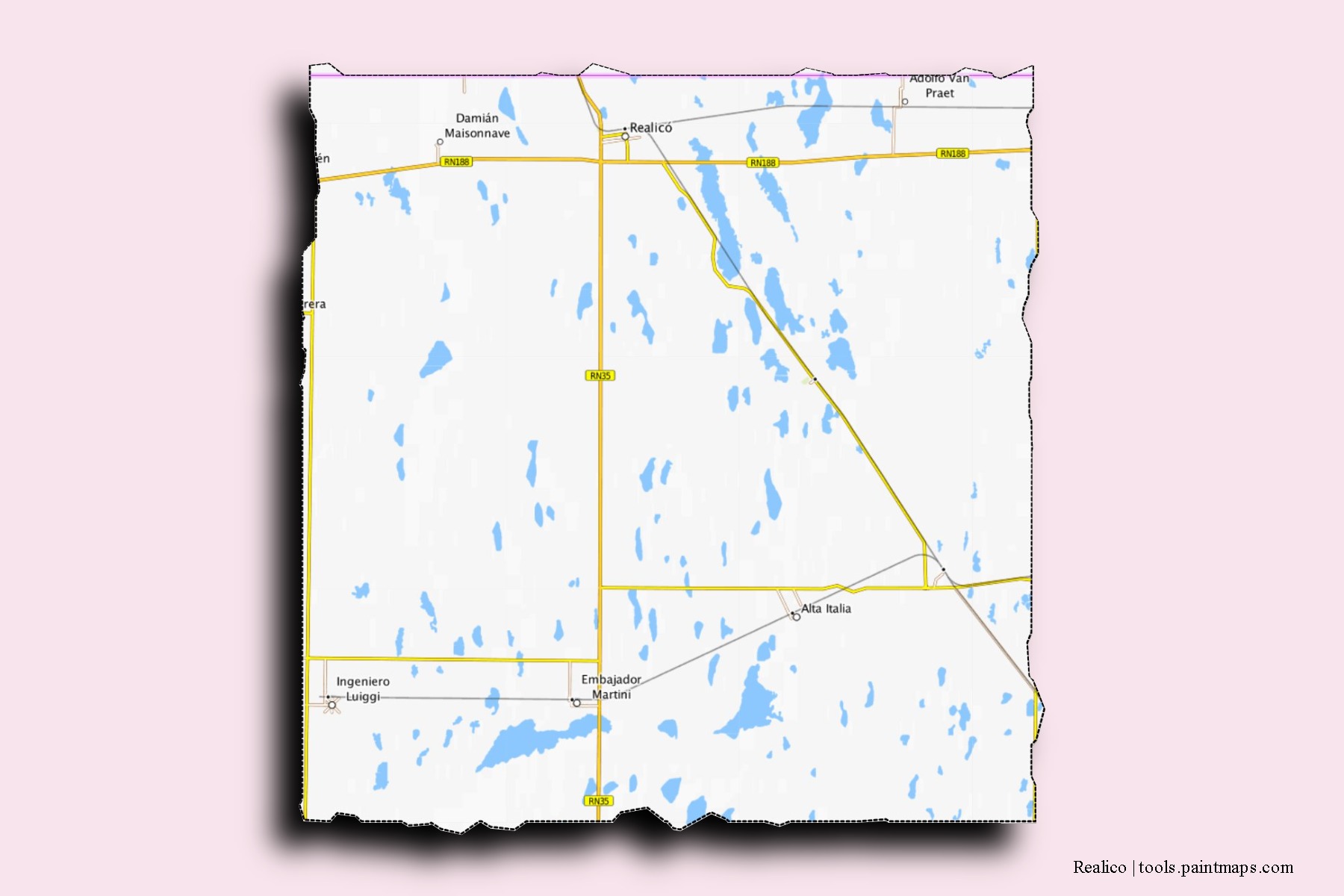 Mapa de barrios y pueblos de Realico con efecto de sombra 3D