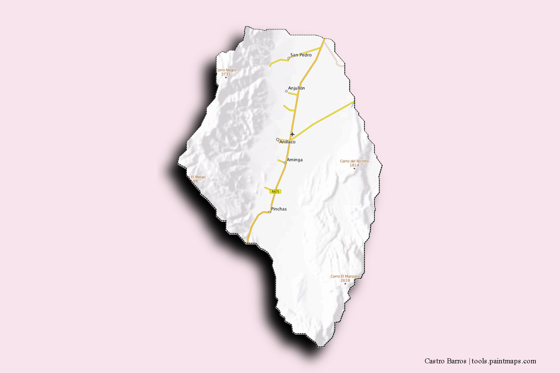 Mapa de barrios y pueblos de Castro Barros con efecto de sombra 3D