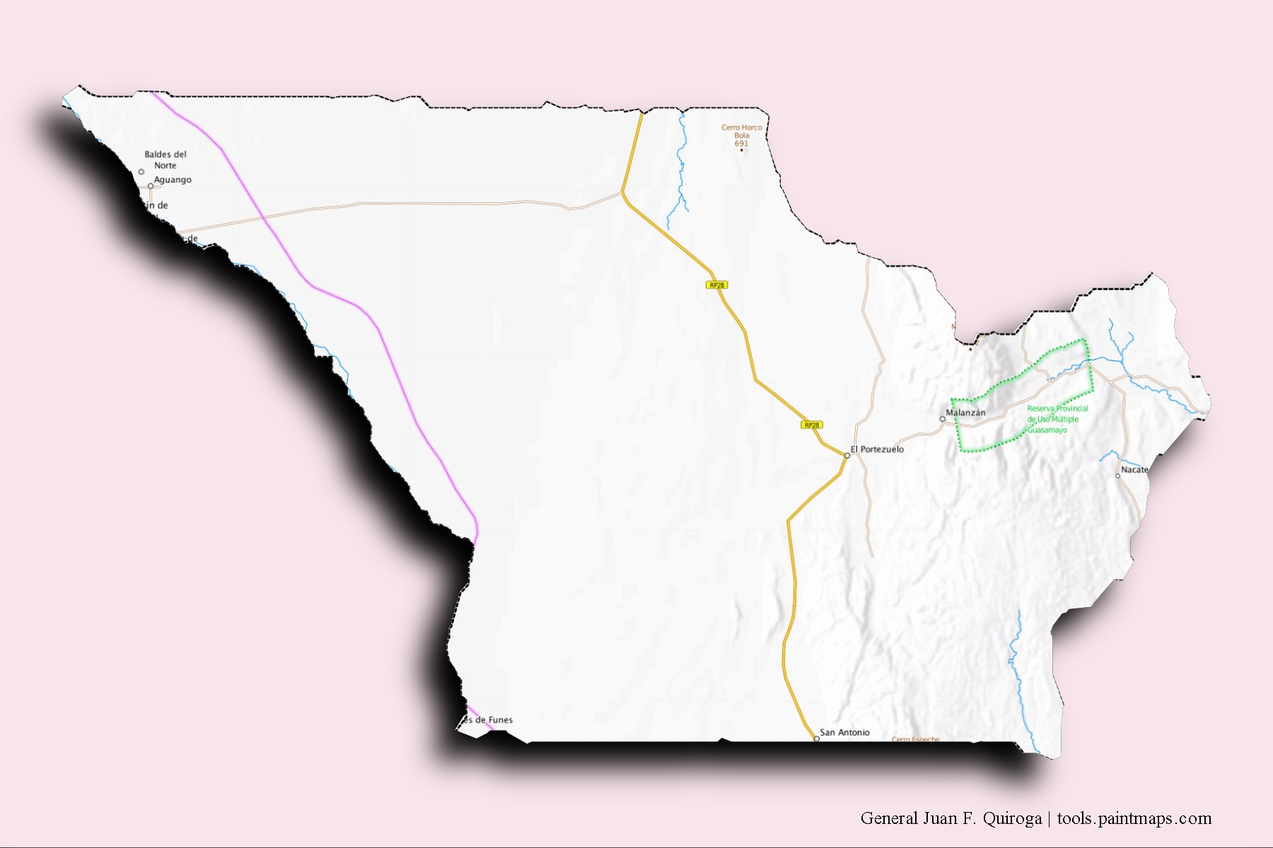 General Juan Facundo Quiroga neighborhoods and villages map with 3D shadow effect