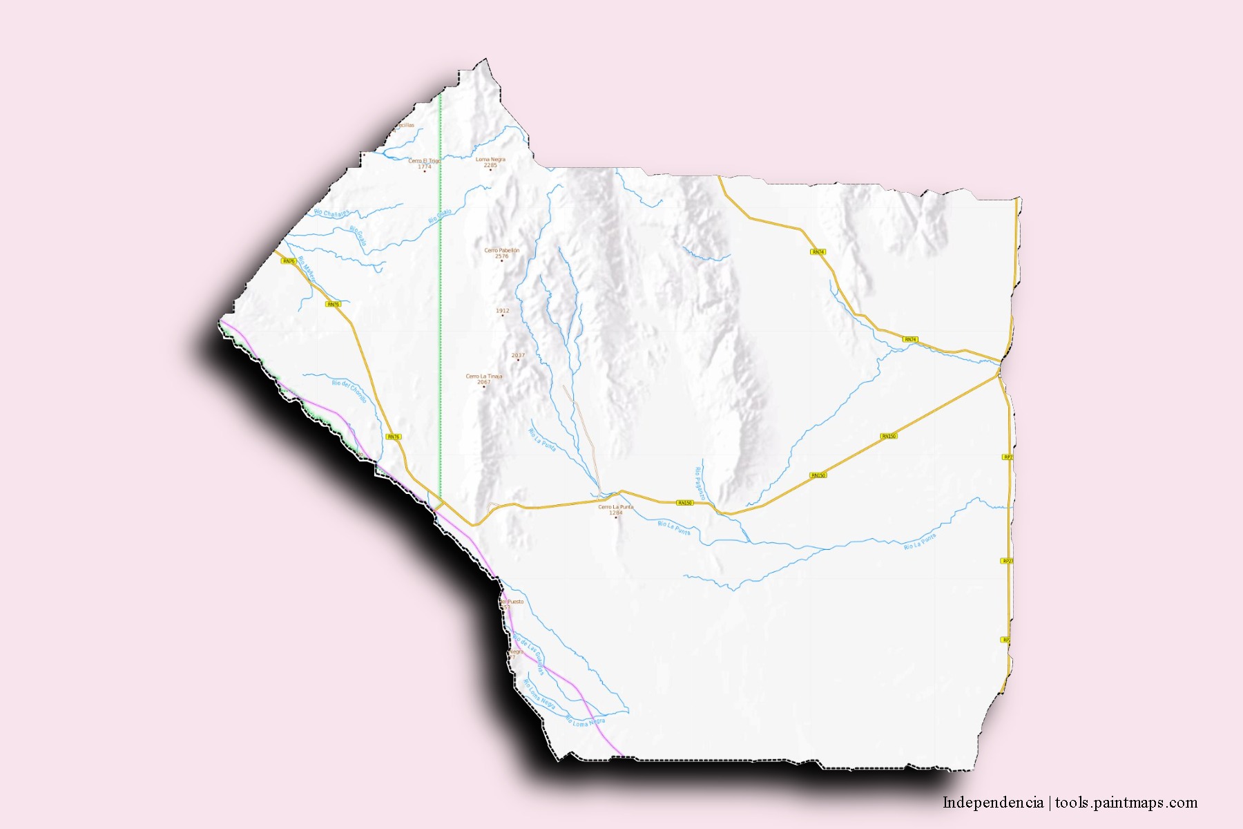 Mapa de barrios y pueblos de Independencia con efecto de sombra 3D