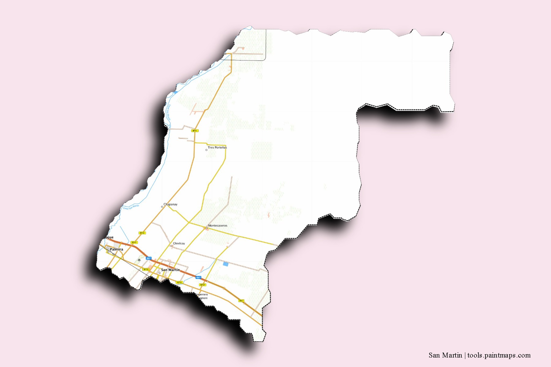 Mapa de barrios y pueblos de San Martin con efecto de sombra 3D