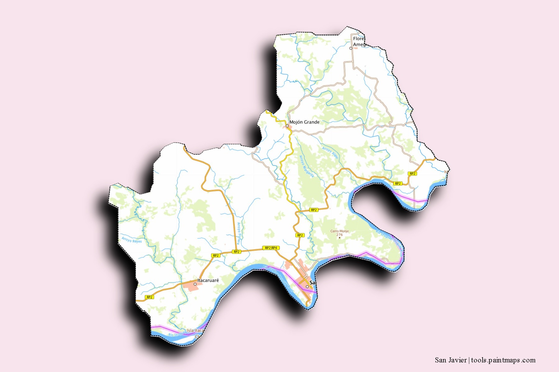 Mapa de barrios y pueblos de San Javier con efecto de sombra 3D