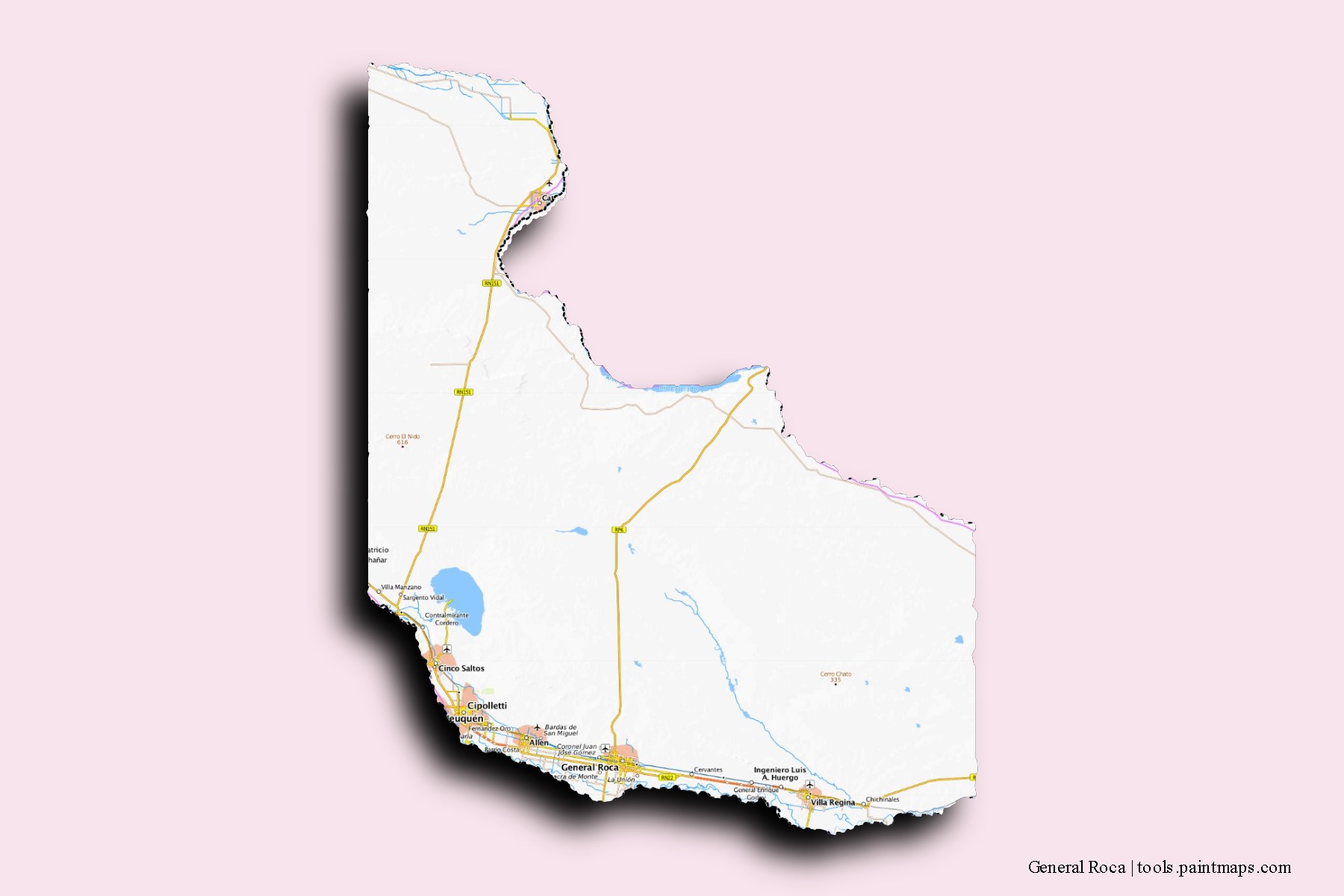 General Roca neighborhoods and villages map with 3D shadow effect