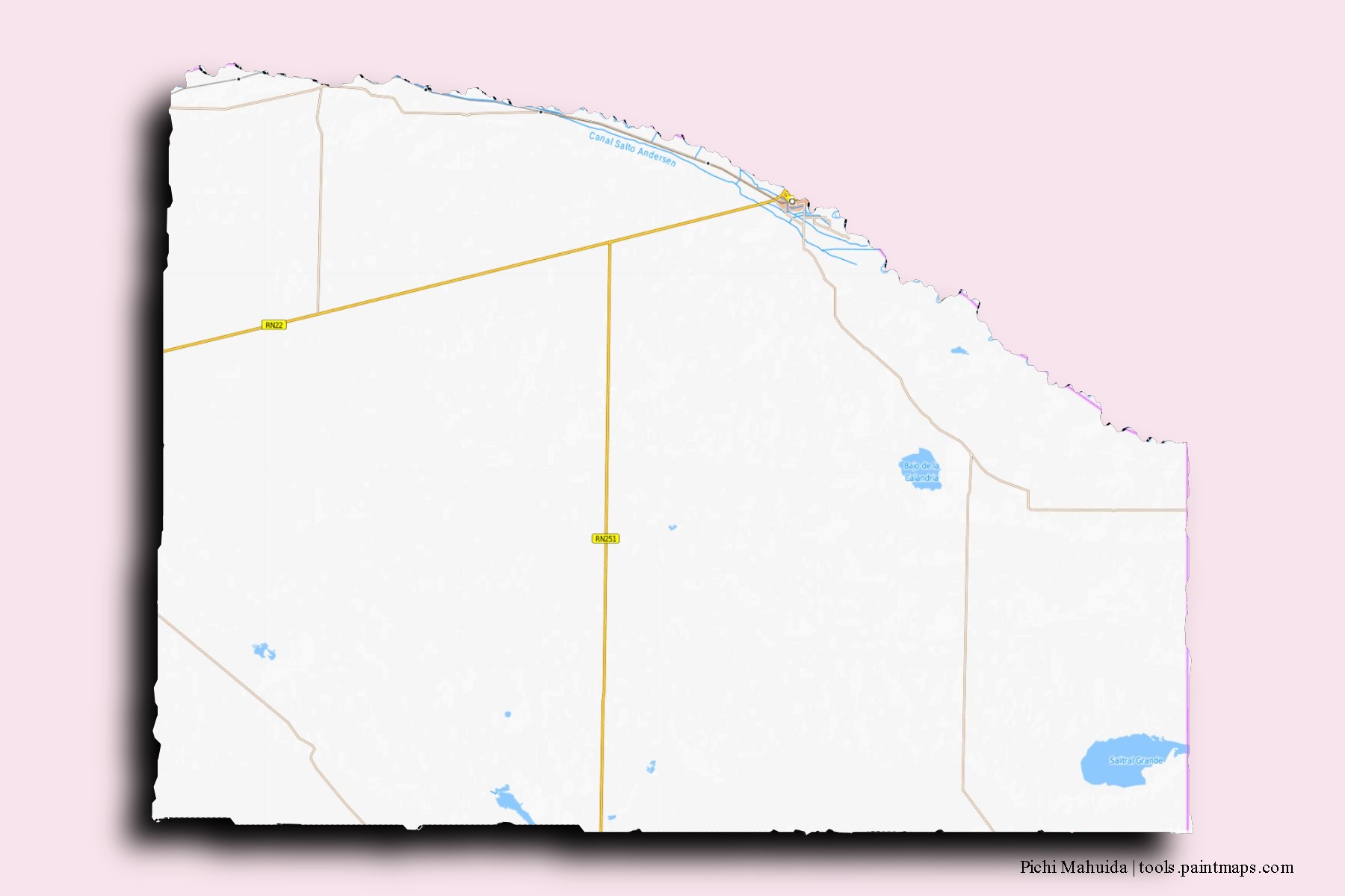 Mapa de barrios y pueblos de Pichi Mahuida con efecto de sombra 3D
