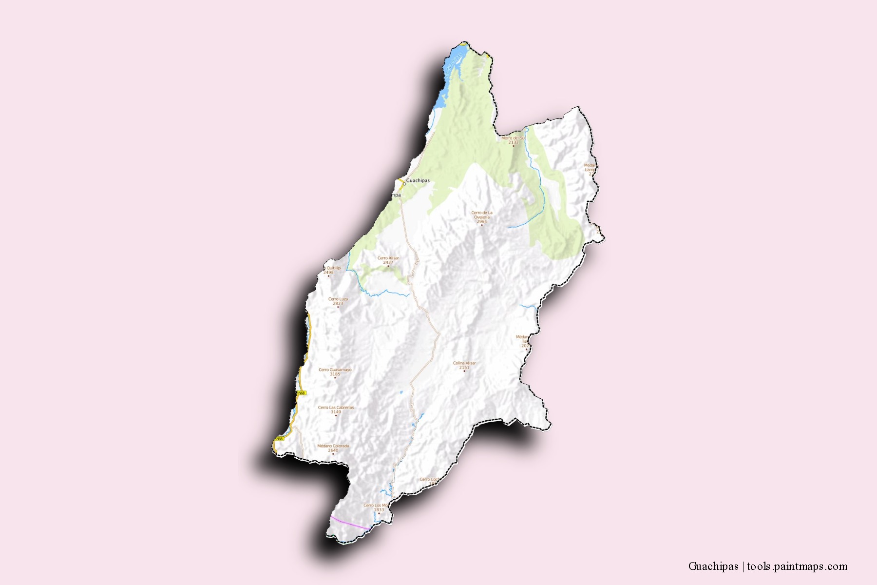 Guachipas neighborhoods and villages map with 3D shadow effect