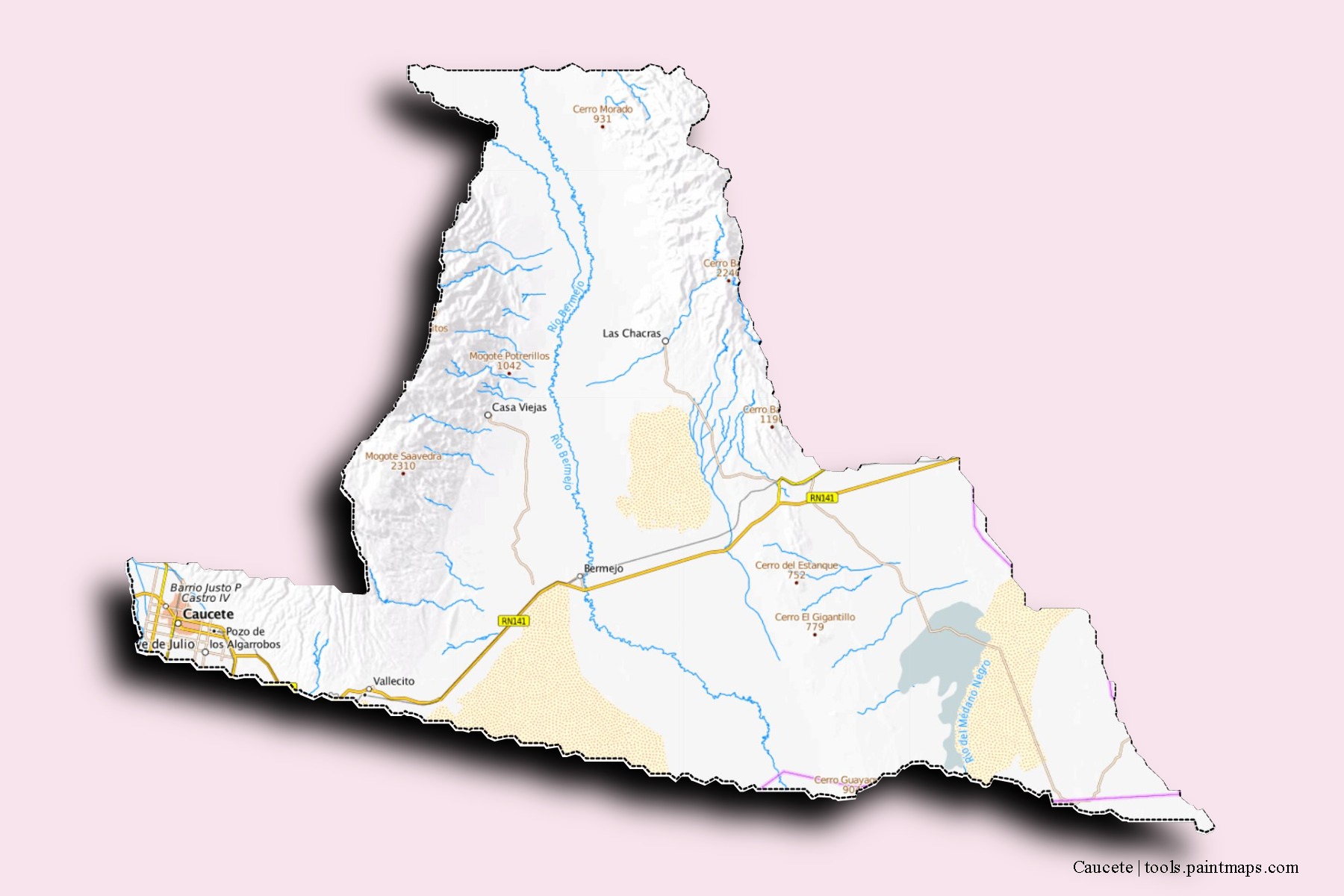 Mapa de barrios y pueblos de Caucete con efecto de sombra 3D