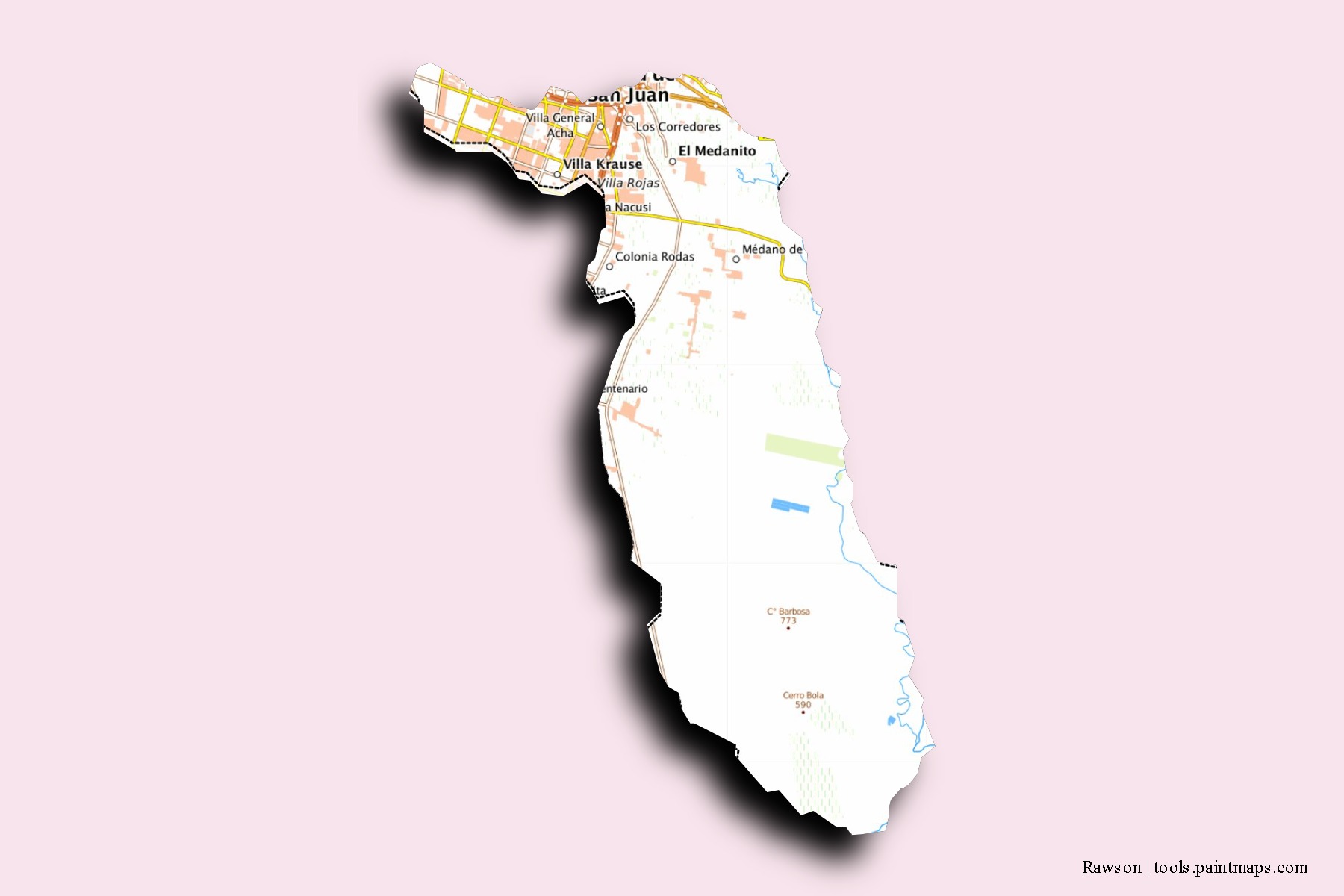 Mapa de barrios y pueblos de Rawson con efecto de sombra 3D