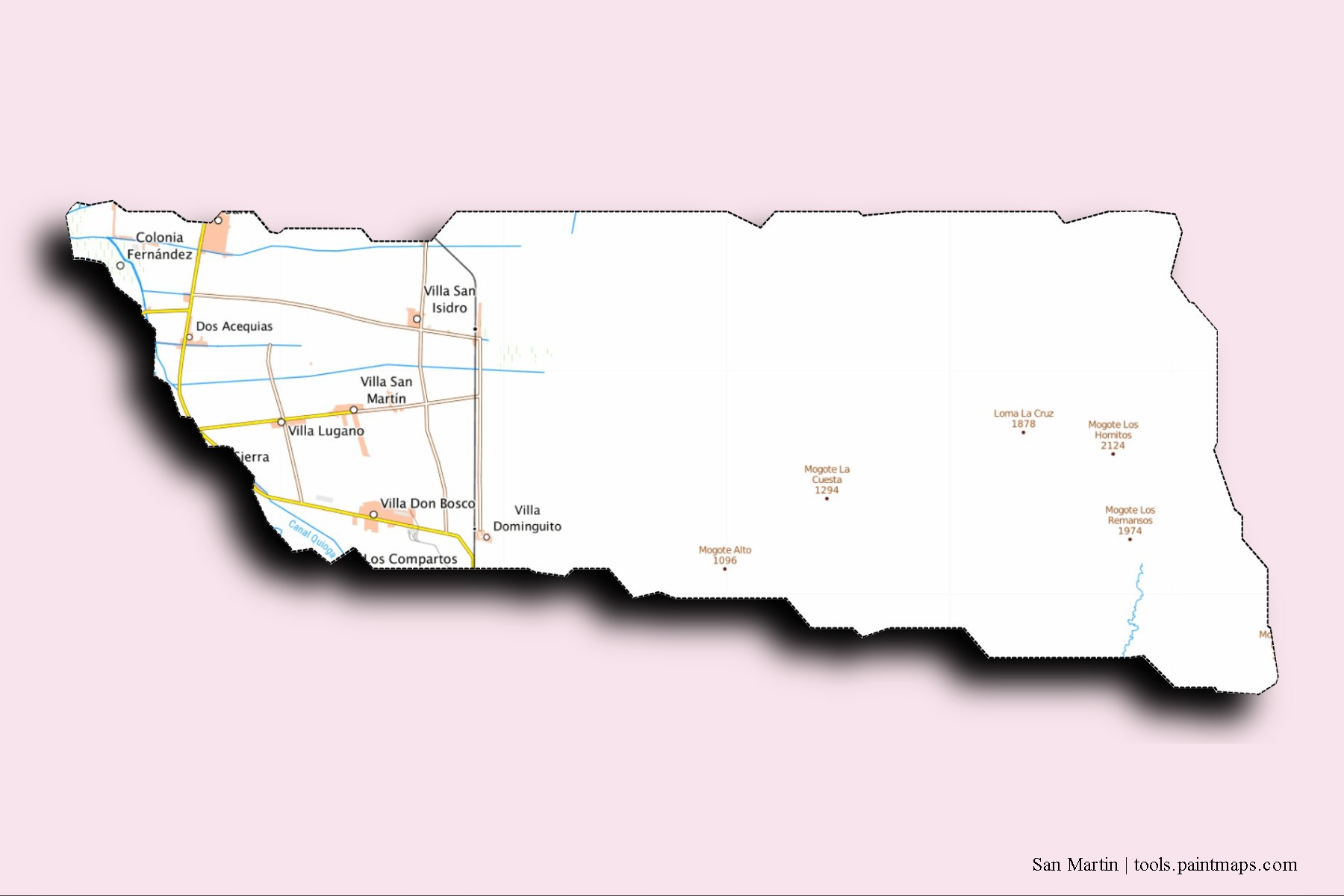 San Martín neighborhoods and villages map with 3D shadow effect