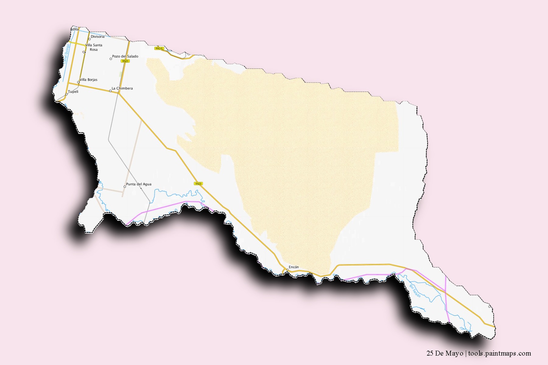 Mapa de barrios y pueblos de 25 De Mayo con efecto de sombra 3D