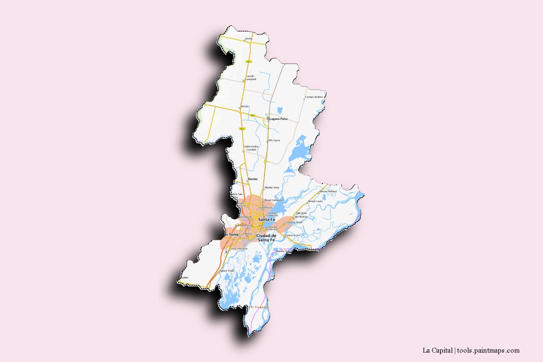 La Capital neighborhoods and villages map with 3D shadow effect