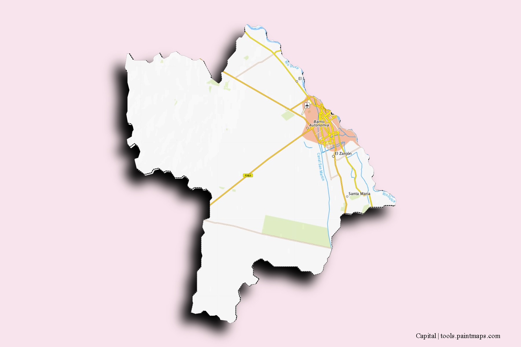 Mapa de barrios y pueblos de Capital con efecto de sombra 3D