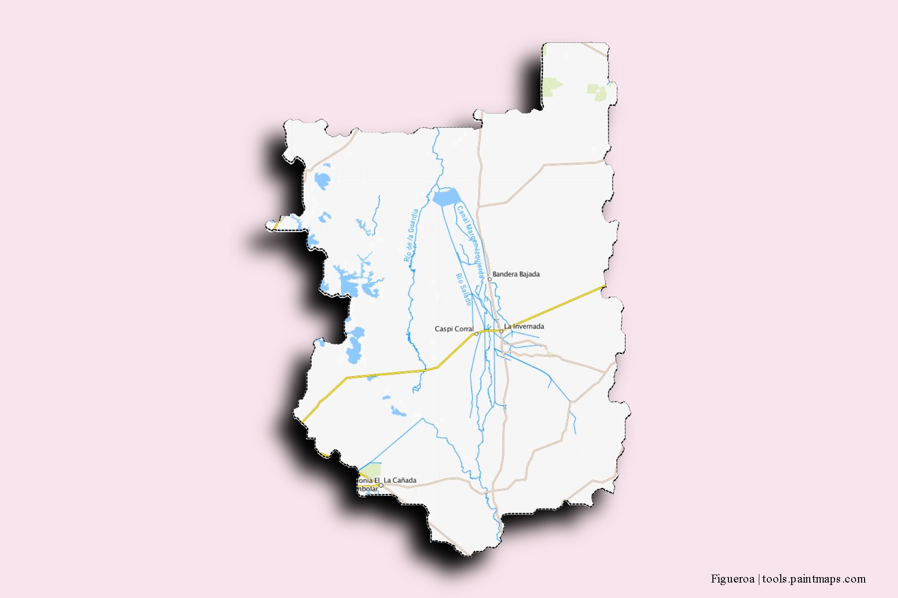 Mapa de barrios y pueblos de Figueroa con efecto de sombra 3D