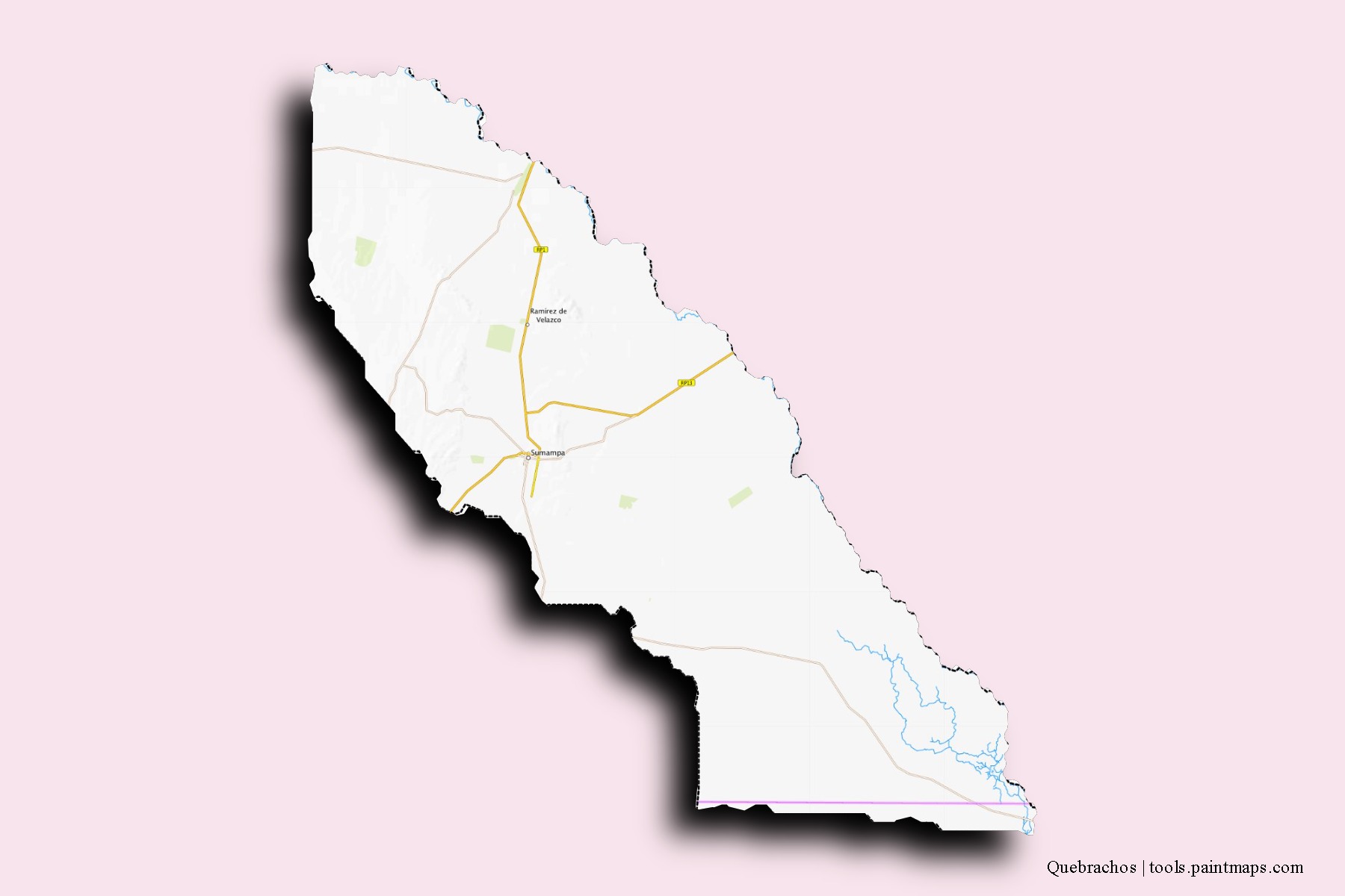 Mapa de barrios y pueblos de Quebrachos con efecto de sombra 3D