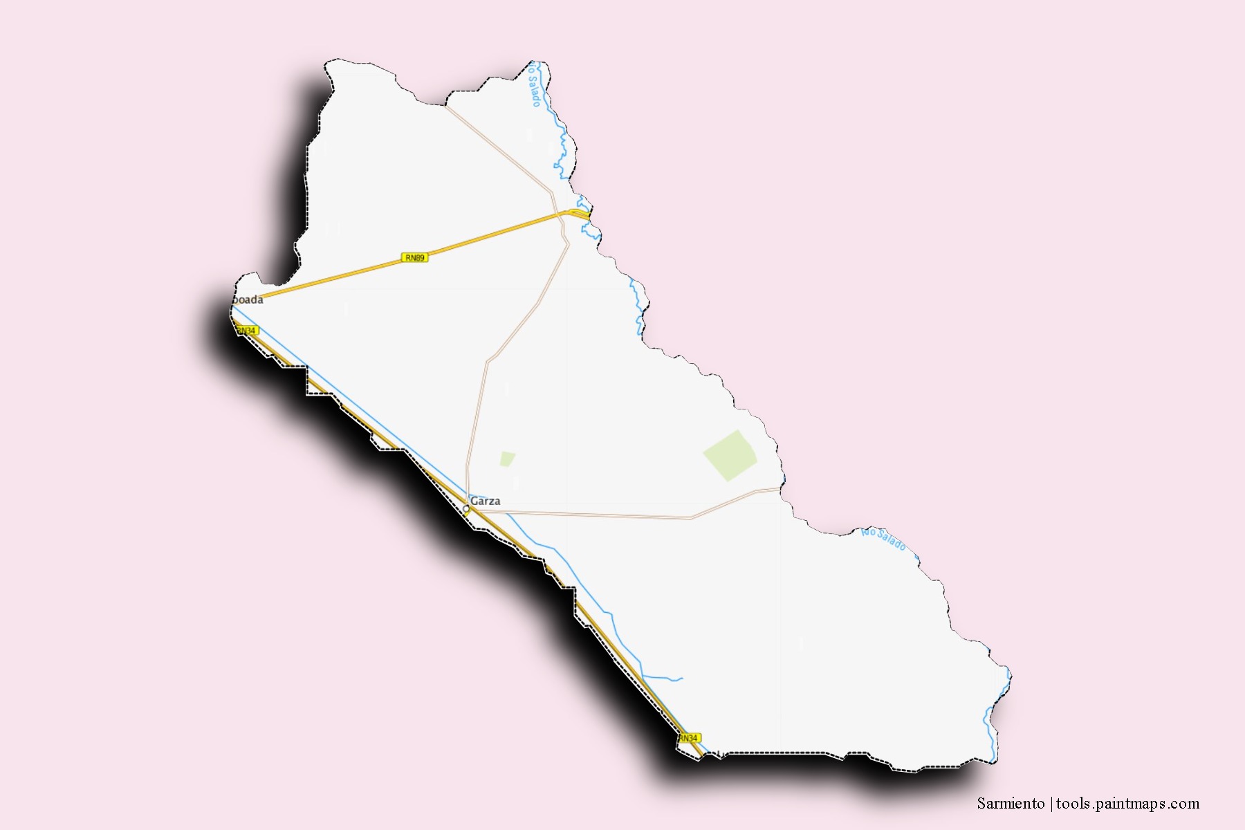 Mapa de barrios y pueblos de Sarmiento con efecto de sombra 3D