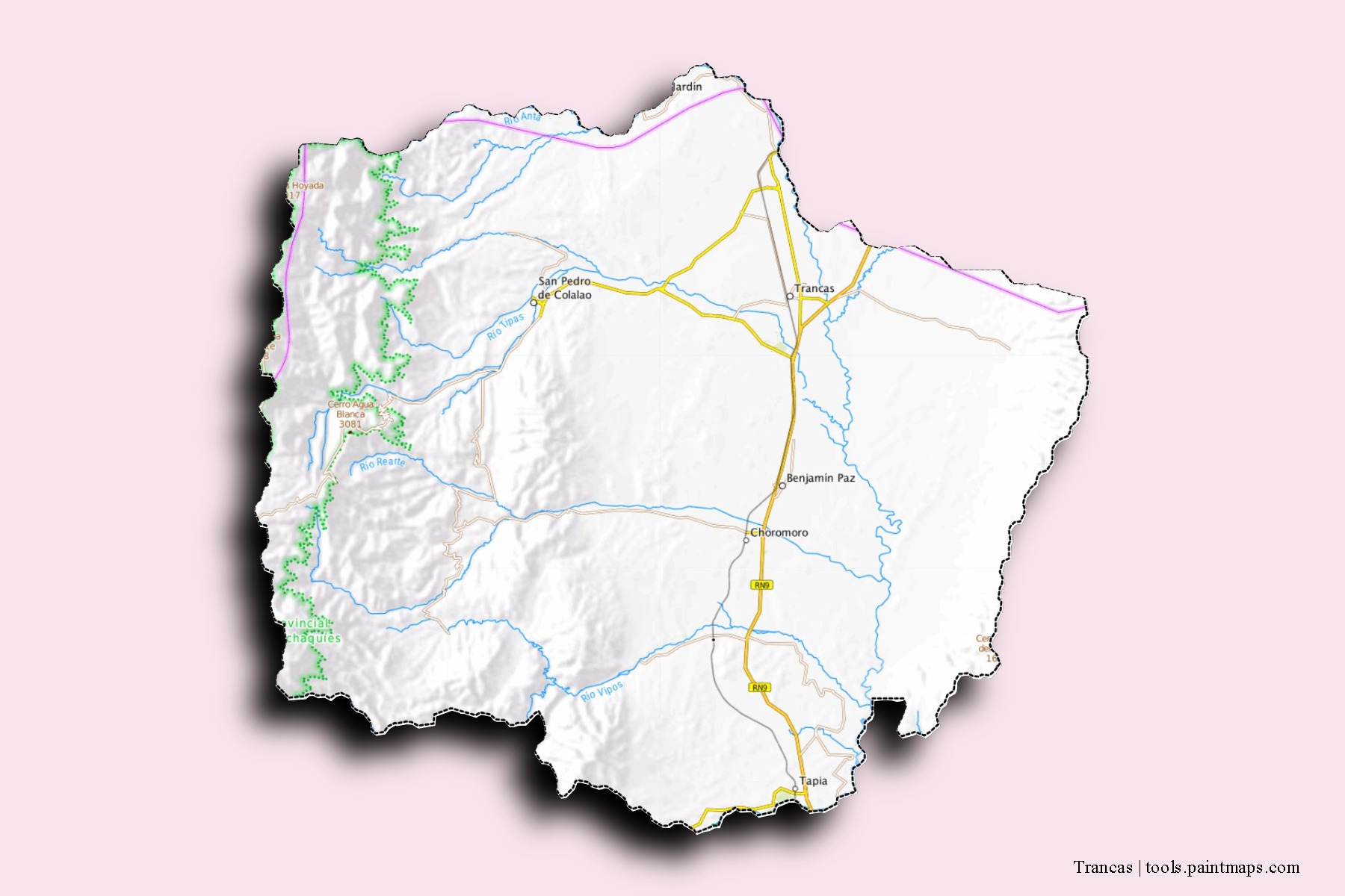 Mapa de barrios y pueblos de Trancas con efecto de sombra 3D