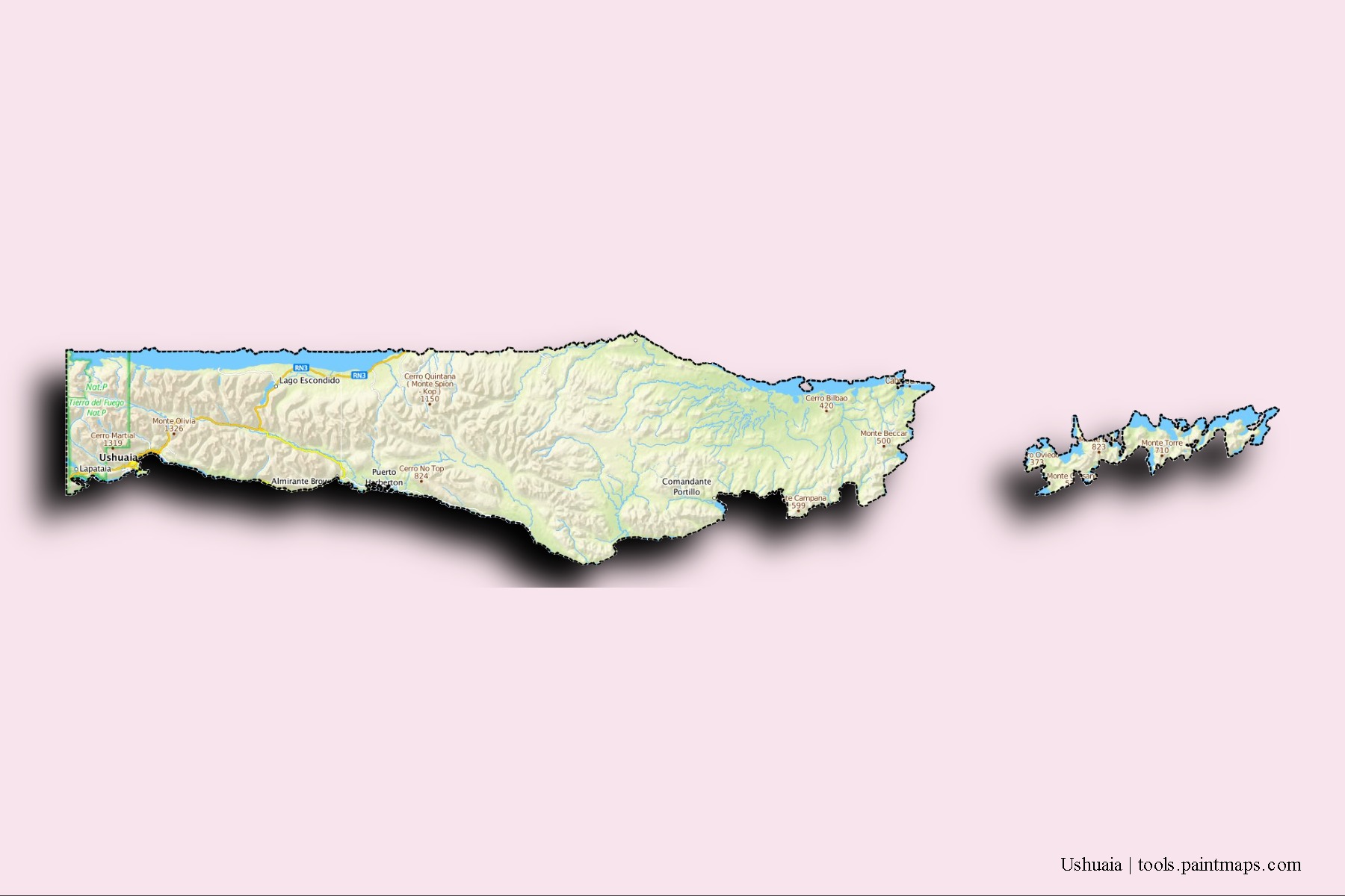 3D gölge efektli Ushuaia mahalleleri ve köyleri haritası