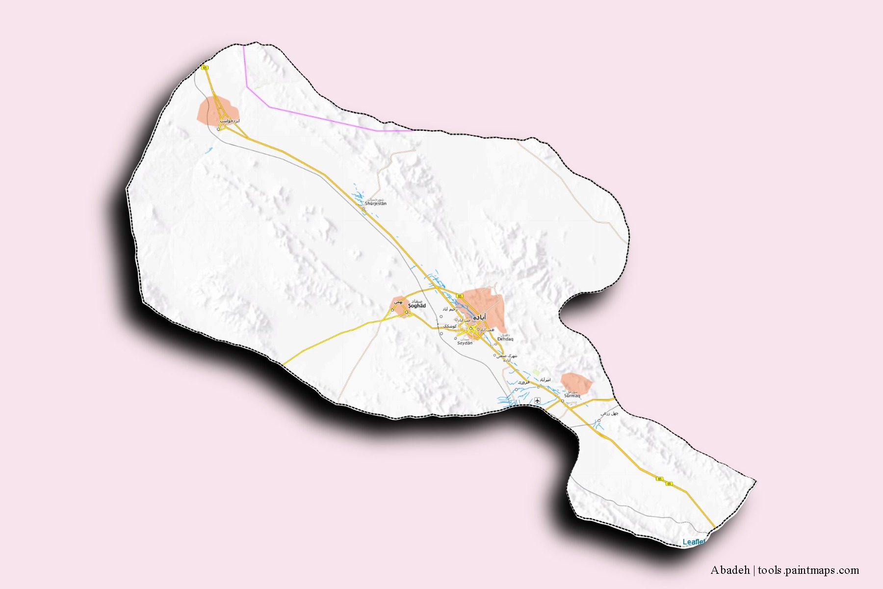 Mapa de barrios y pueblos de Abadeh con efecto de sombra 3D