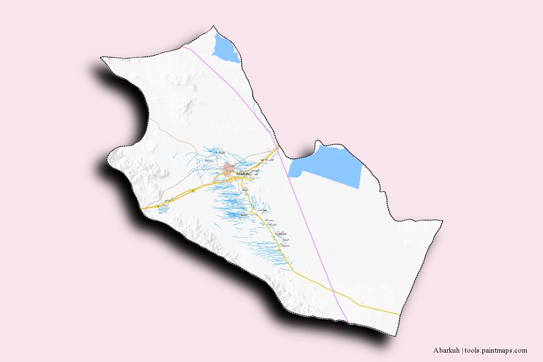 Mapa de barrios y pueblos de Abarkuh con efecto de sombra 3D